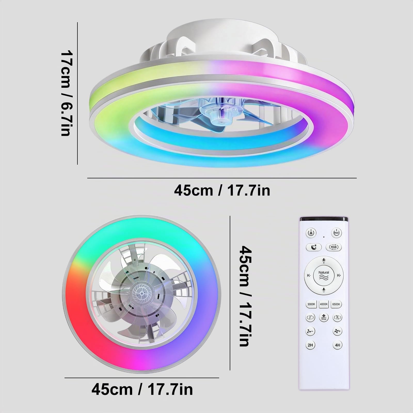 Ventilatore da Soffitto RGB Dimmerabile a LED | Bambino Cameretta Lampadario Ventilatore Reversibile con Telecomando, 6 Velocità Lampadario Per Camera Da Letto-White
