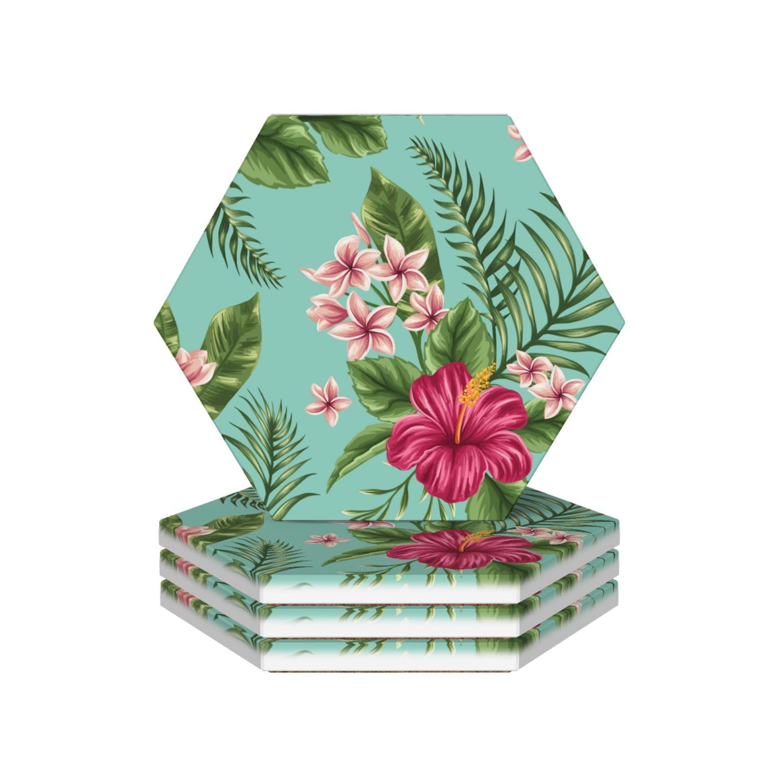 Lot de 4 dessous de verre décoratifs en céramique Motif feuilles tropicales hawaïennes