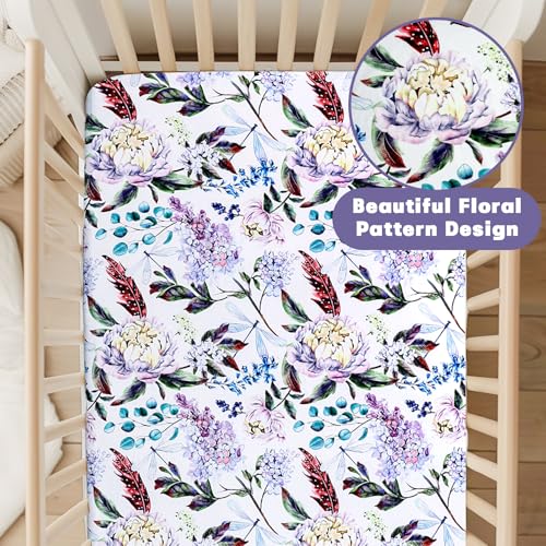 Image of Crib Sheets for Girls Boys, HNHUAMING Ultra Soft Neutral Crib Fitted Sheets, Boho Breathable Universal Crib & Baby Mattress Sheet Set, Purple Floral