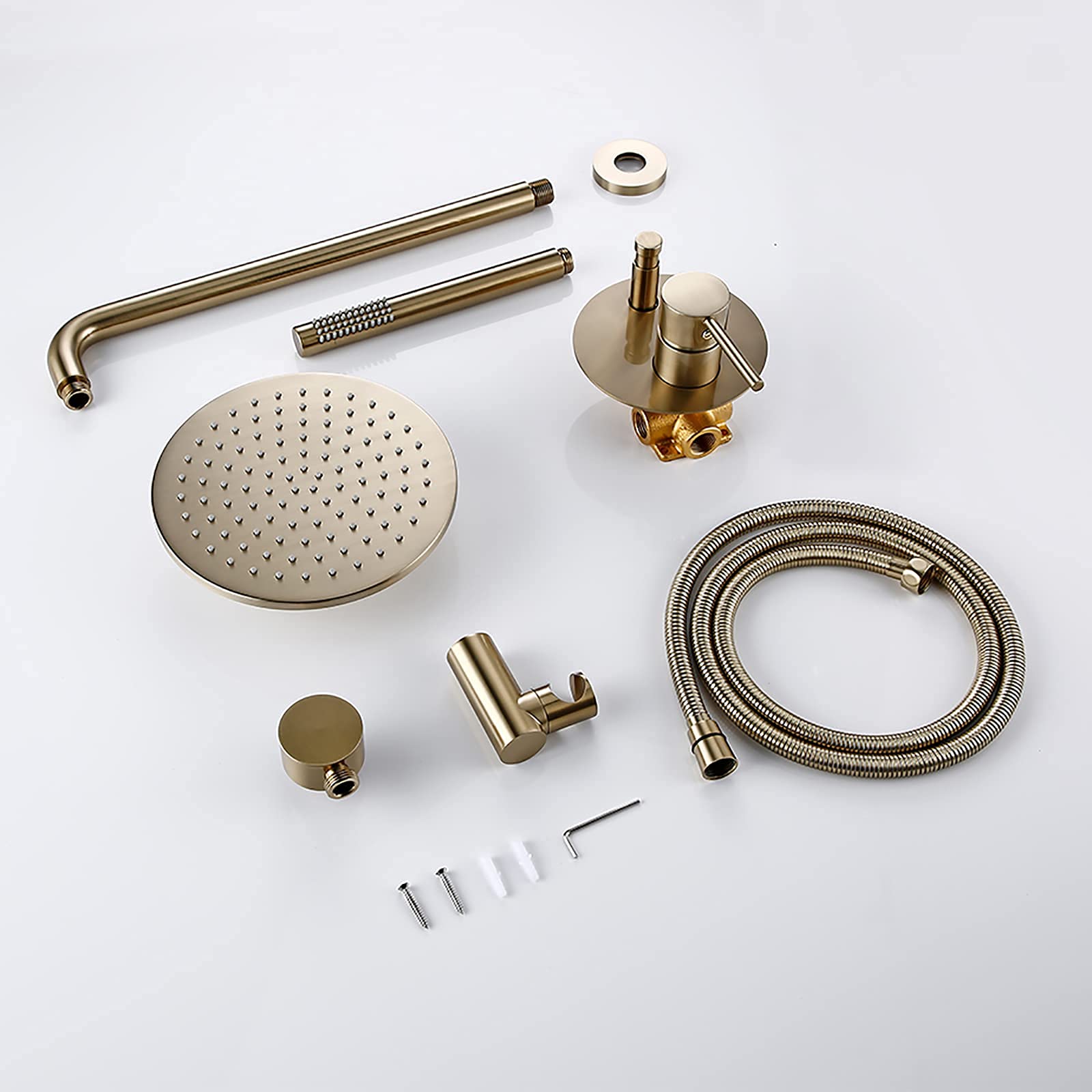 Zestaw prysznicowy Brushed Gold z baterią prysznicową do zabudowy, słuchawką natryskową i deszczownicą, zestaw prysznicowy z jedną rączką, zestaw wykończeniowy do wanny i prysznica, 2 funkcje (8 cal
