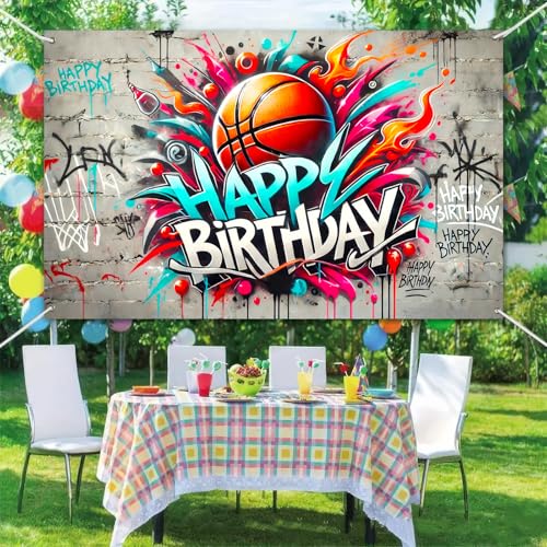 Image of BlissYard Graffiti Basketball Birthday Banner 71x43 Inch Street Art Spray Paint Sports Ball Theme Decor Banner Party Atmosphere Photography Background Indoor and Outdoor Celebration Event Decoration