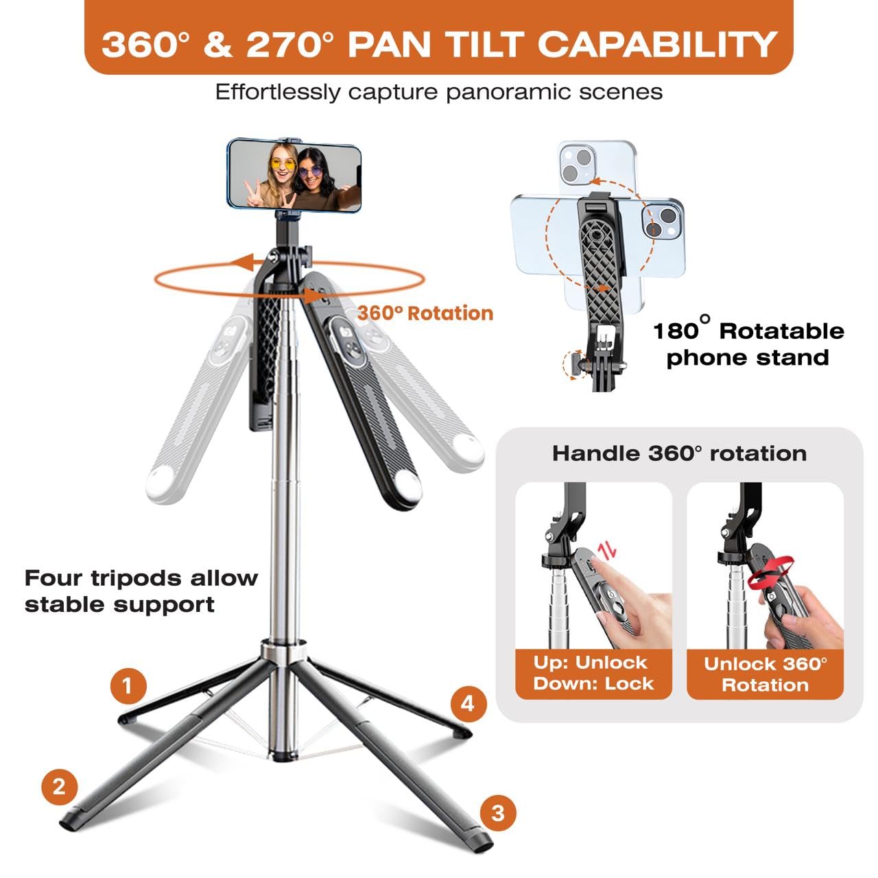 Dravina Selfie Stick with Rechargeable Remote. 180cm Tripod Stand with Stable 4 Leg Design, 360° Rotation, 270° Tilt, Balance Handle Tripod for iPhone, Camera, Gopro, Ring Light, Shooting 2
