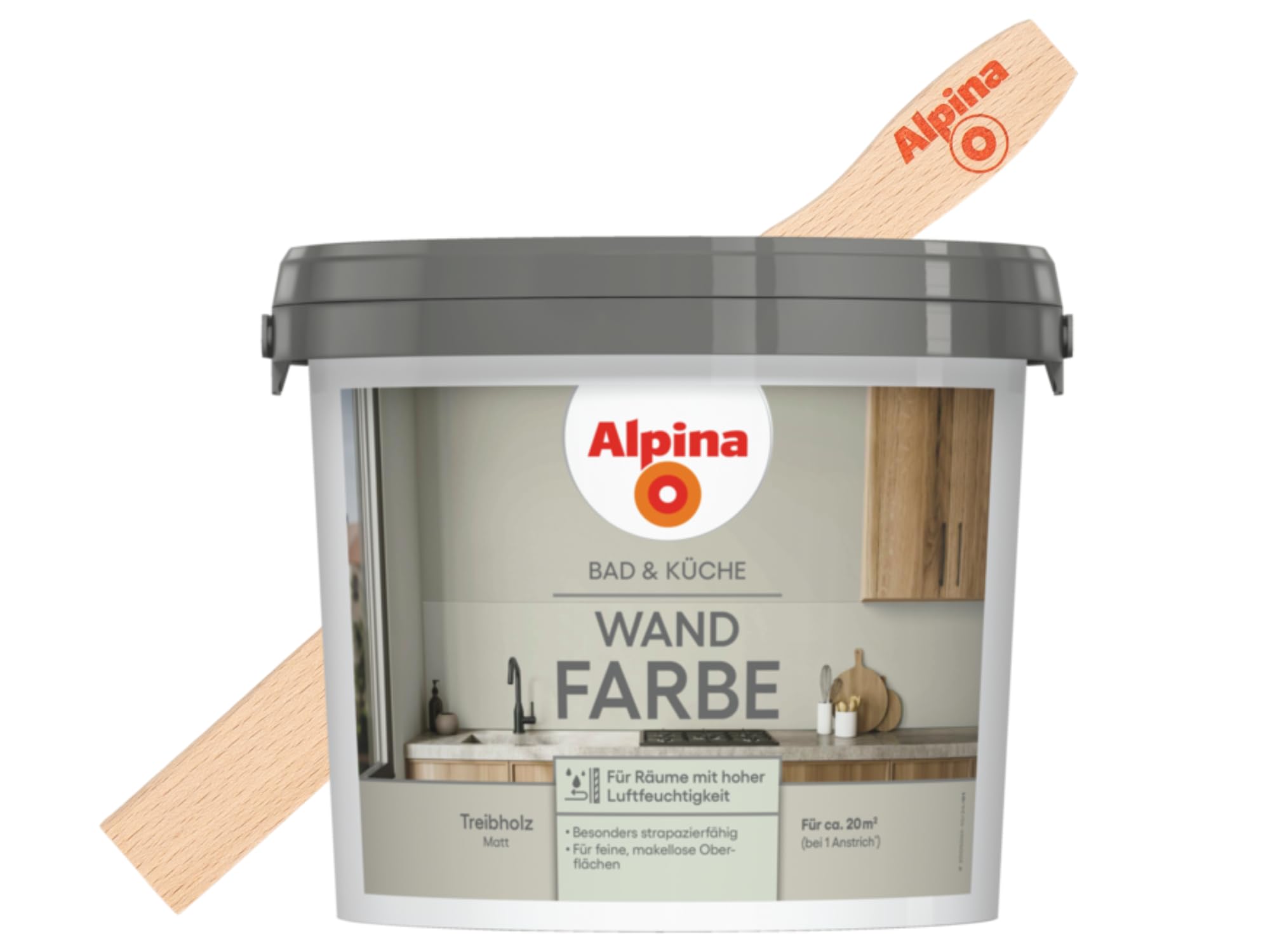 Alpina Bad & Küche Wand-Farbe Treibholz 2,5 Liter mit gratis Rührholz
