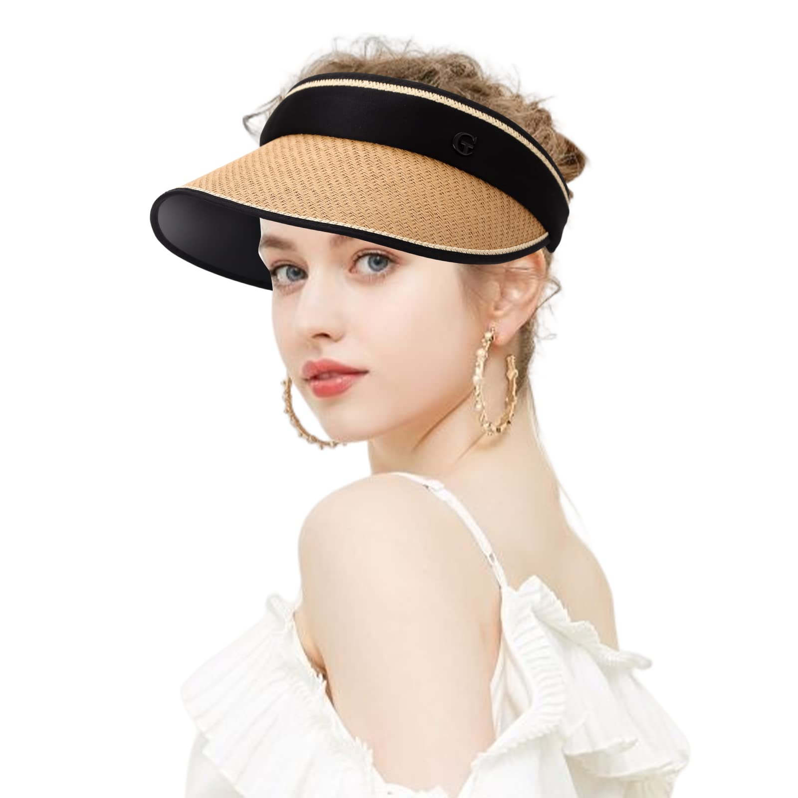 GLAITCWide Brim Straw Hat, Sun Hat Women Rollable Sun Visor Hat Uv Protection Ca Beach Sun Straw Hat Foldable Summer Topless Sunhats for Golf, Tennis, Hiking, Running, Ttravelling, Camp (Khaki)