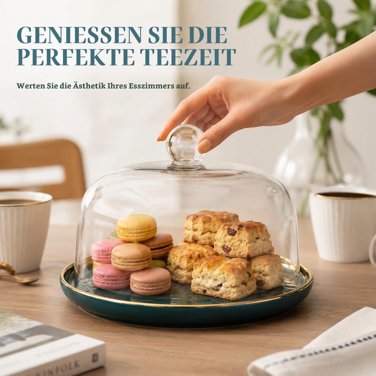 Cabilock Cabilock Kuchenständer Mit Glasglocke, Keramik Tortenplatte 10 Zoll, Grüne Keramik-Tortenplatte mit klarer Glasglocke für Kuchen, Käse und Desserts