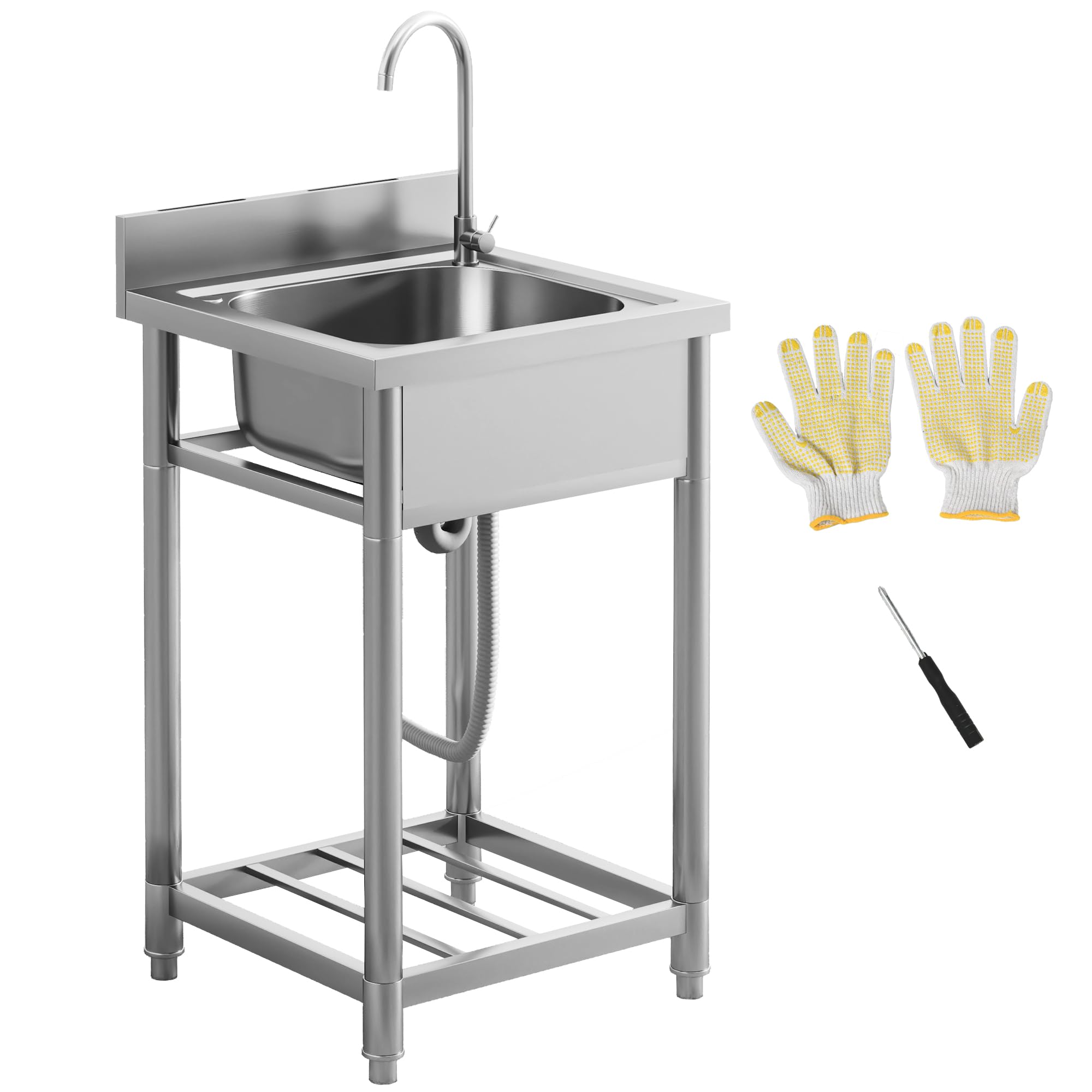 HOMCOM Outdoor Utility Sink, Stainless Steel Free Standing Single Bowl Kitchen Sink with Cold and Hot Water Pipe and Storage Shelf for Laundry Garage, 55 x 50 x 100 cm