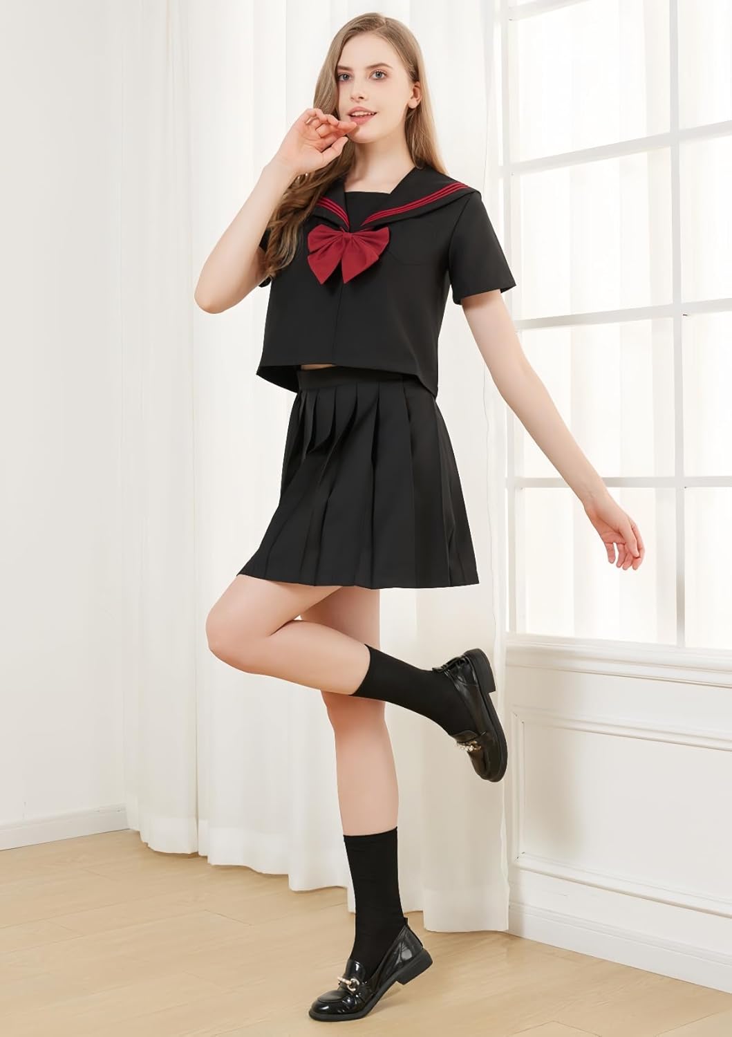 Women's Japanese School Girls Uniform Sailor Costume Long Sleeve Anime Cosplay Pleated Skirt with Glasses Socks - Image 4