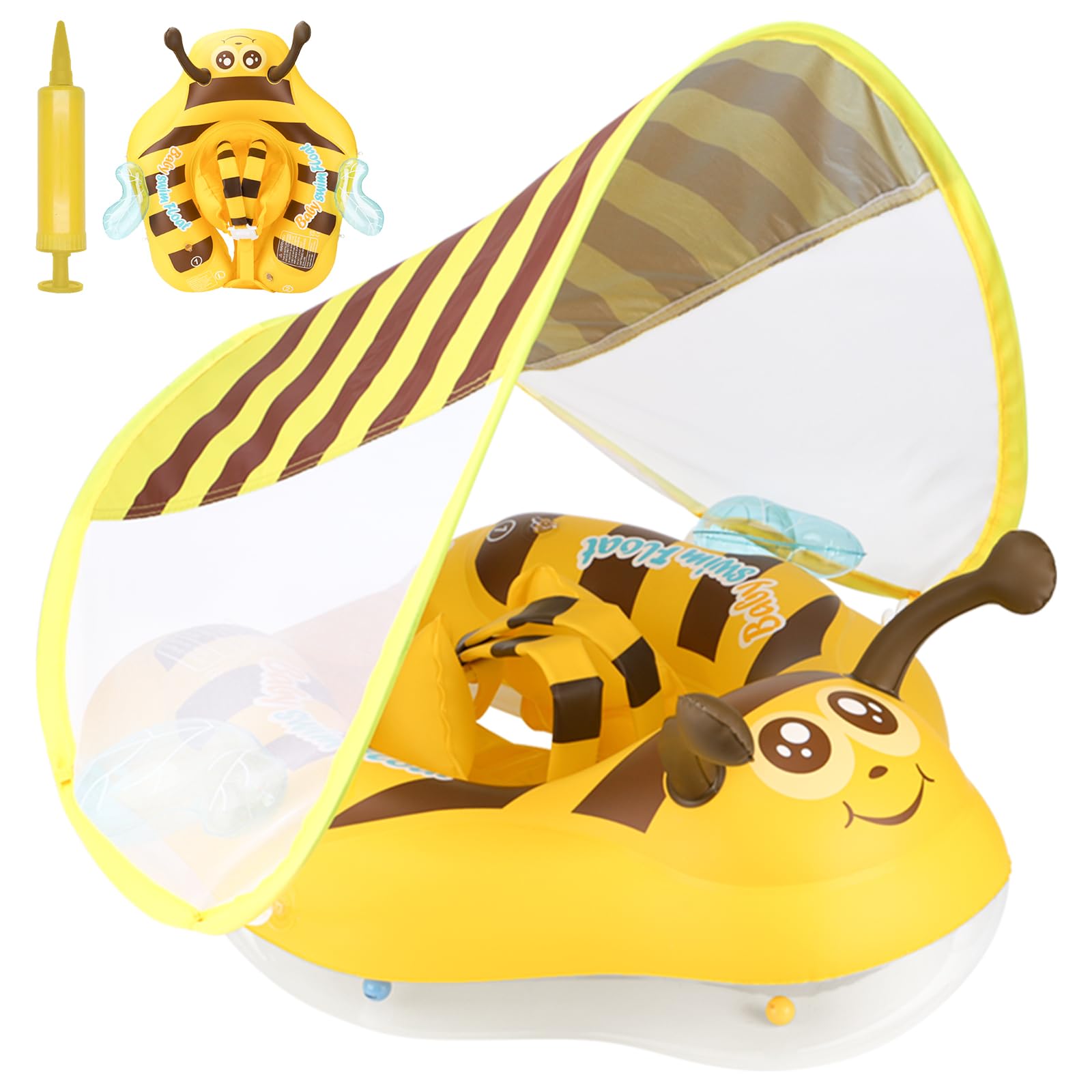 Baby Swimming Float Inflatable Baby Pool Float Baby Swimming Ring with UV Sun Protection Canop and Manual Pump, Baby Swim Float with Safe Seat for Newborn Baby Learn to Swim — image 1