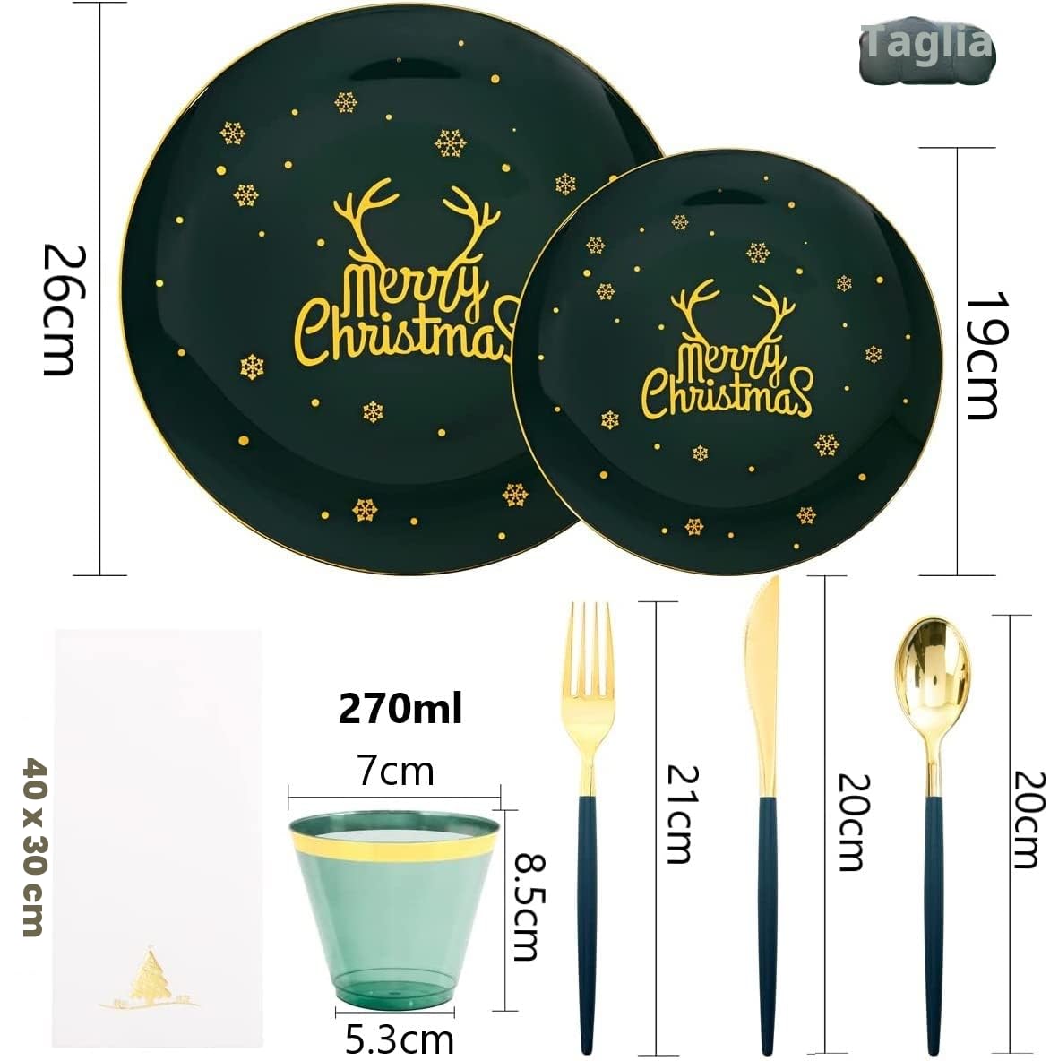 KAHEIGN 175 Pezzi Riutilizzabile Stoviglie di Natale in Plastica Verde con Bordo Oro -25 Piatti Piani, 25 Piatti Insalata, 25 Coltelli, 25 Forchette, 25 Cucchiai, 25 Tovaglioli per 25 Ospiti Festa