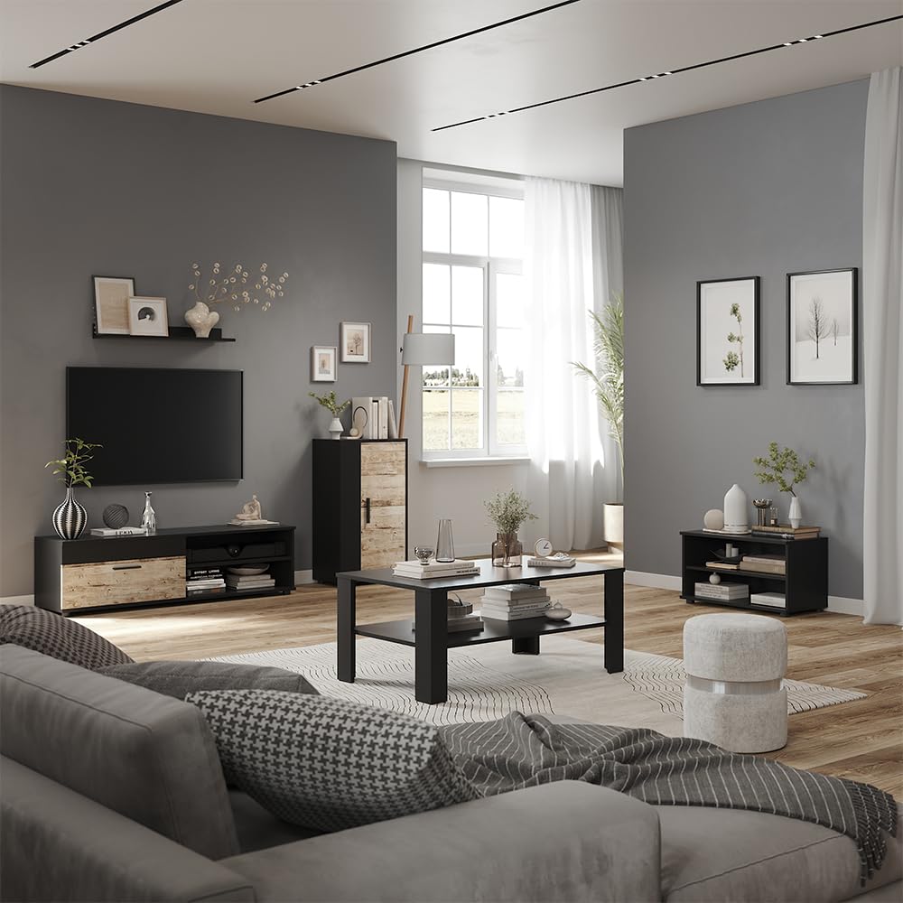 Vicco Parete attrezzata soggiorno Berno, Nero/Rovere sabbia, Set da 4 pezzi