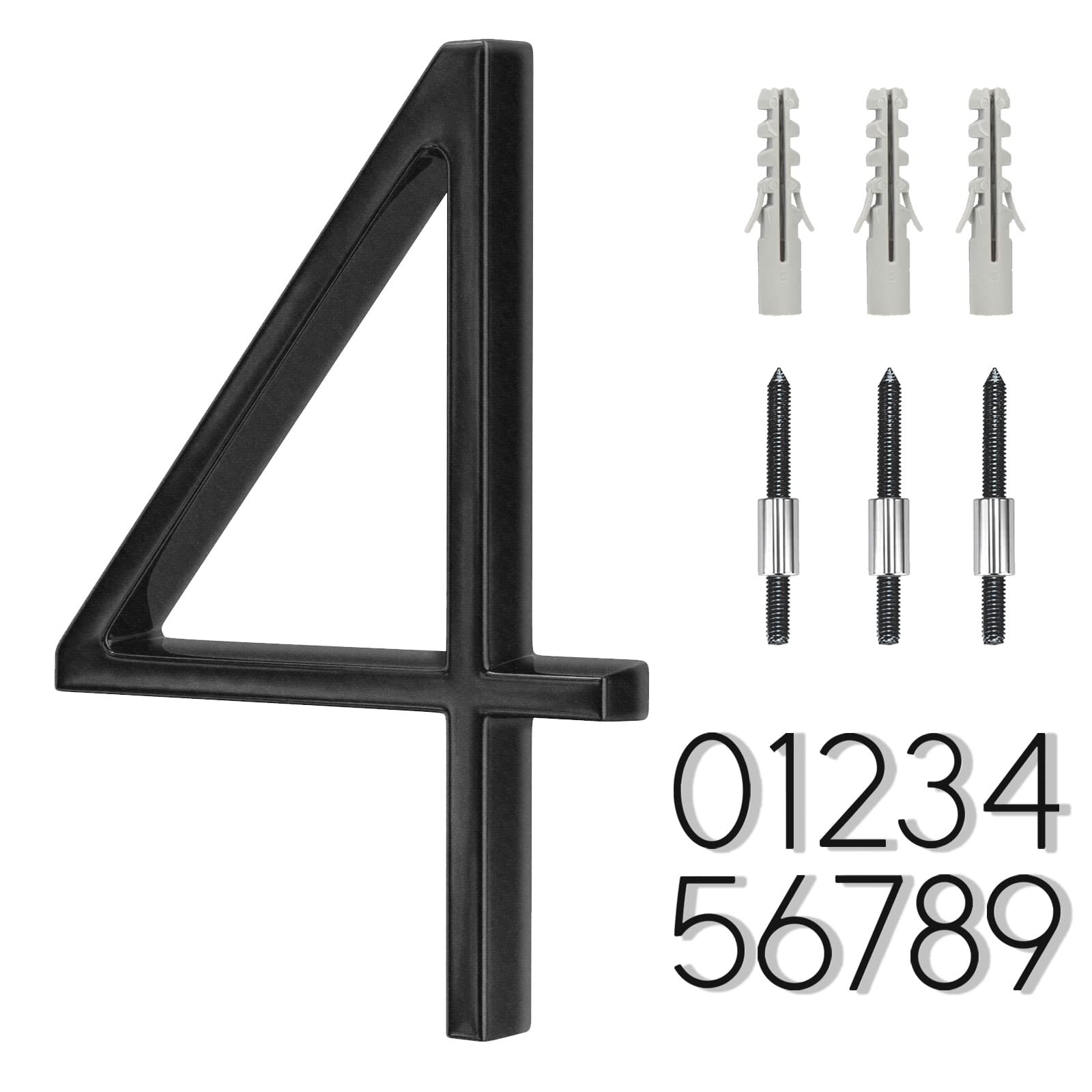 6" Stainless Steel Floating House Number 4, Metal Modern House Numbers, Mailbox Decor Number with Nail Kit, Coated Black, 911 Visibility Signage (Large 4)