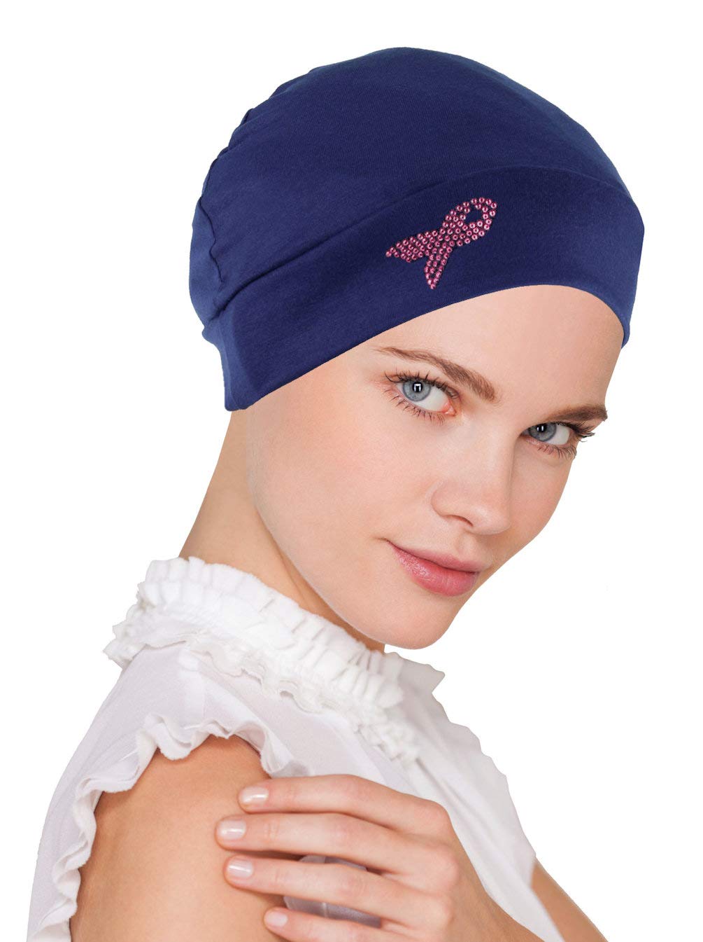 Breast Cancer Awareness Soft Comfy Chemo Cap Hat with Pink Ribbon Metallic Rhinestud