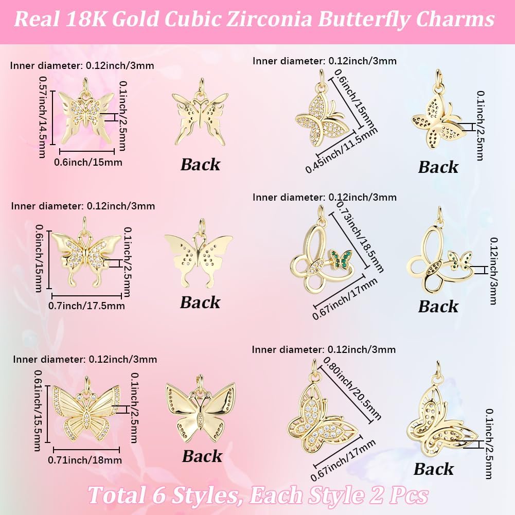Beebeecraft 1 Box 12Pcs Shiny Butterfly Charms Cubic Zirconia Pendant Charms Real 18K Gold Plated Insect Animals Aesthetic Small Pendants for Jewelry Making Necklaces Bracelets Earrings DIY Crafts - Image 2