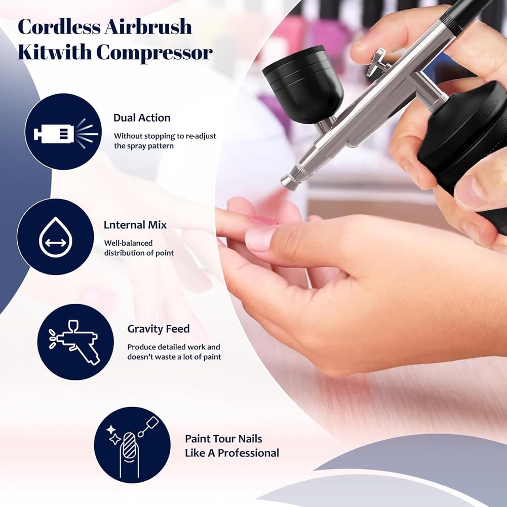 Kit Aérographe avec Compresseur, Kit Aérographe 48 PSI avec Buse 0,3/0,5 mm et Ensemble de Brosses de Nettoyage A