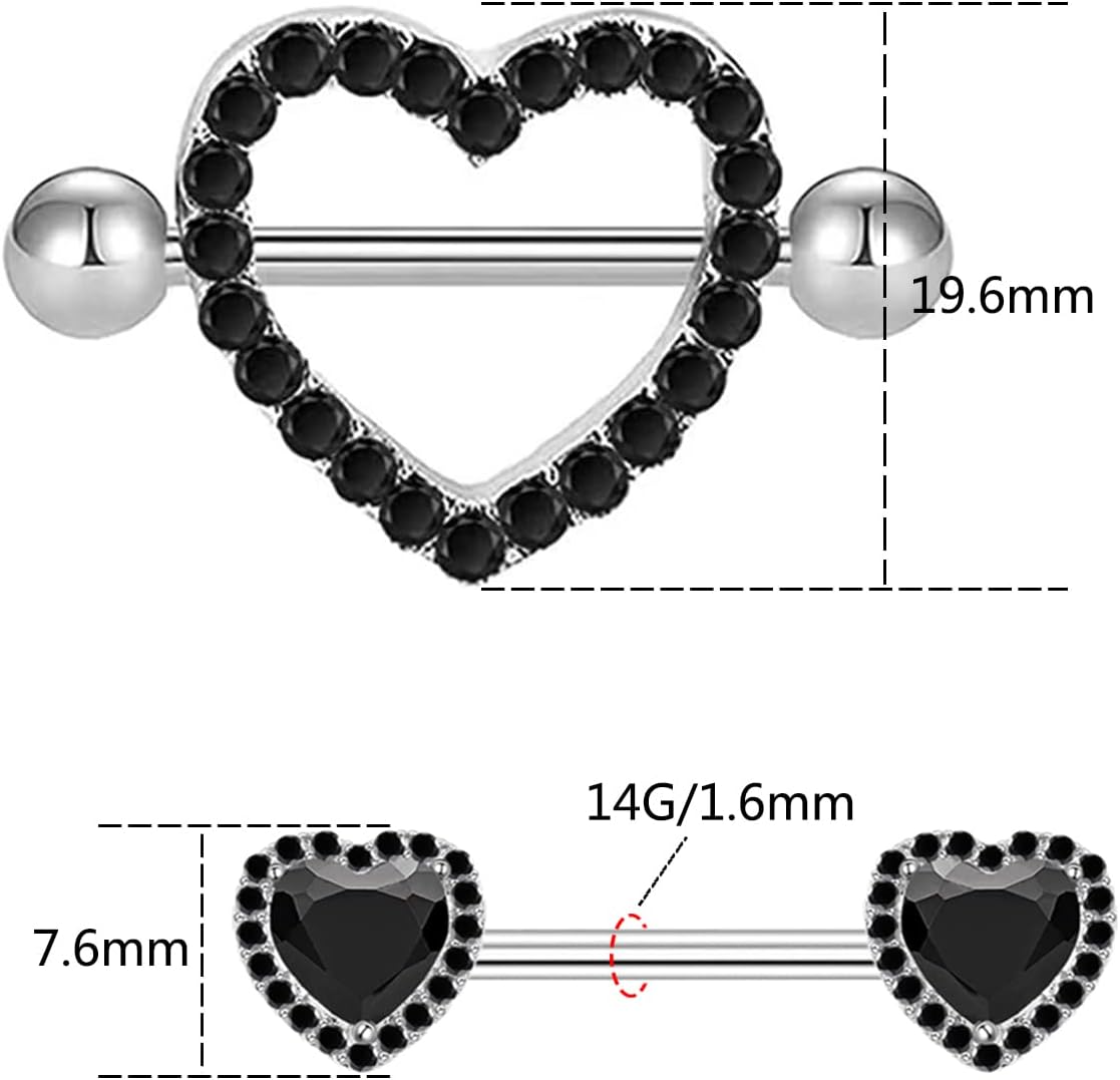Barbell Mamelon Zircon Cubique Anneaux Mamelon 14G Kakonia 4 Paires - Acier 316L Coeur/Lune/Étoile/Larme, Pour Percing Anneaux Mamelon Femme