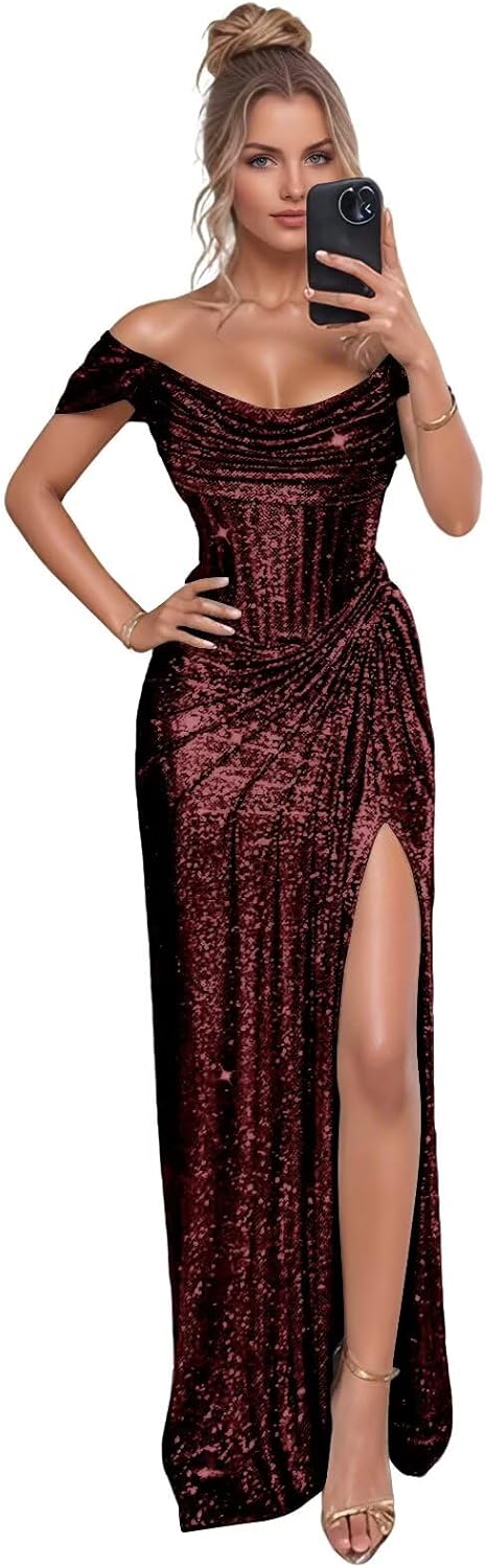 Sparkly Sequin Prom Dresses Off The Shoulder Maxi Formal Party Gown with Slit Mermaid Evening Gowns Sexy