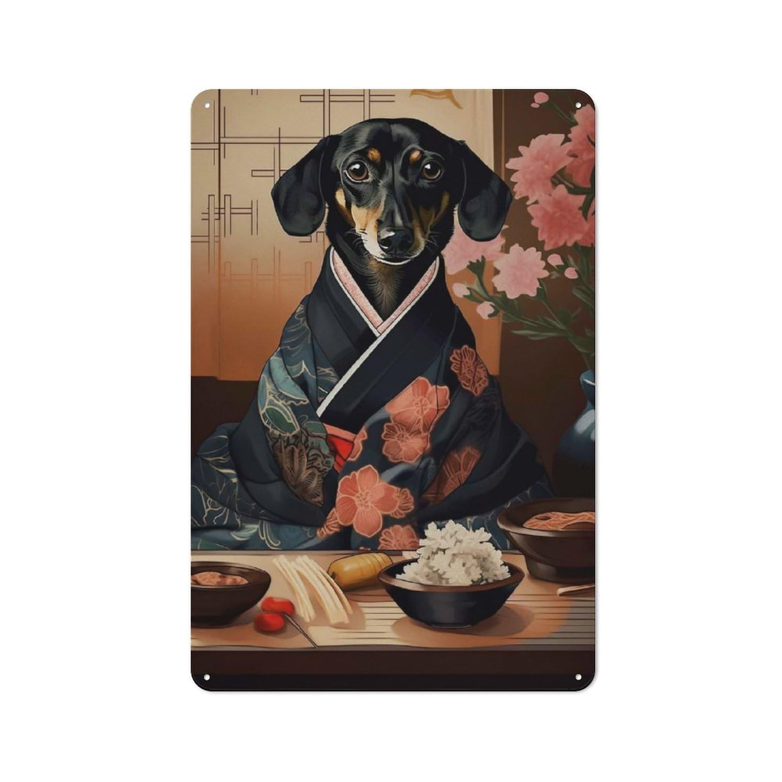 Junmoney Style-7 Metal Wall Sign With Dachshund Japanese Food Design 30X20cm, Loft Style Studio Wall Art For Flat, Bar, Studio Or Gallery Wall