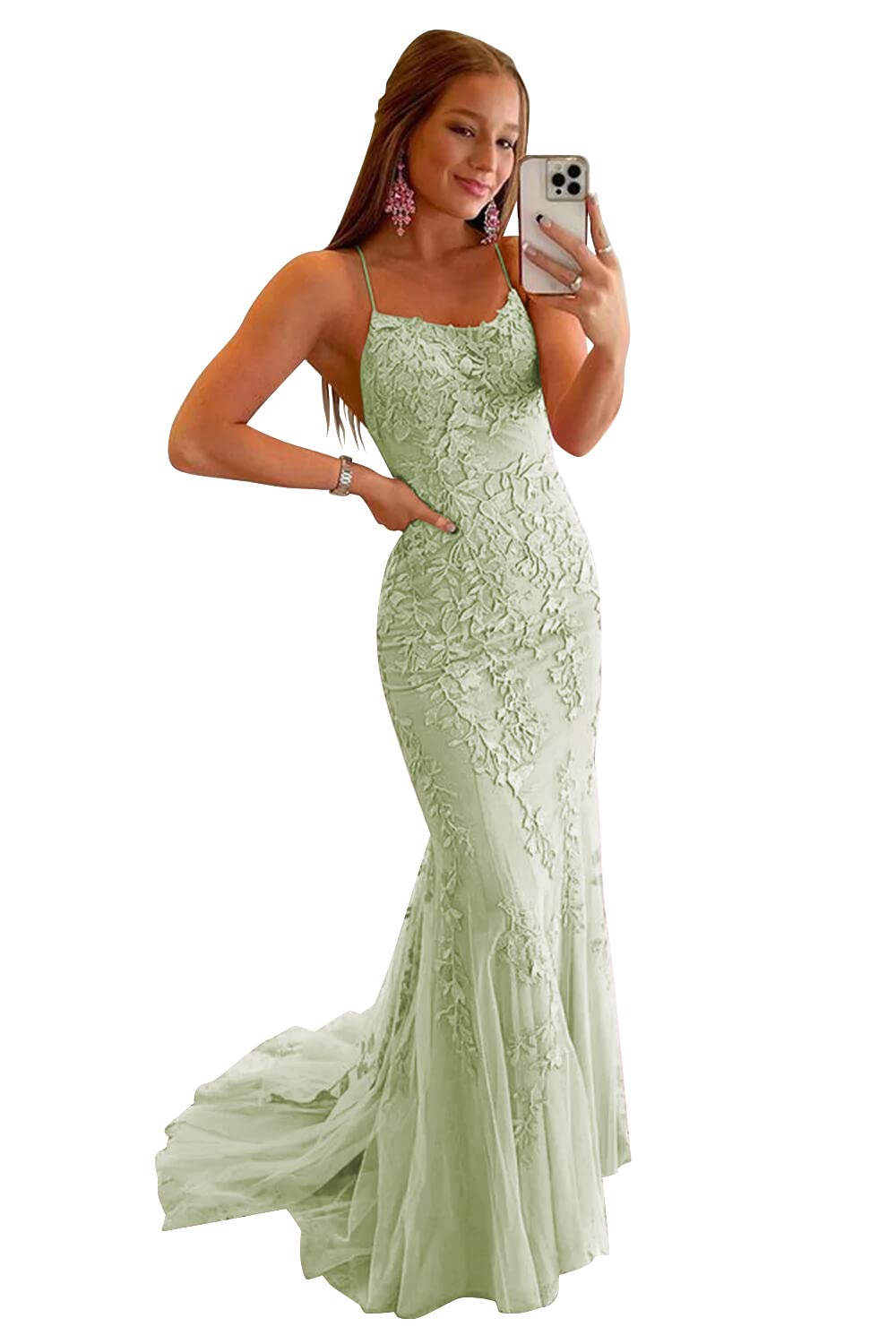 Clothfun Women's Long Lace Prom Dresses Mermaid Spaghetti Straps Backless Formal Evening Gowns