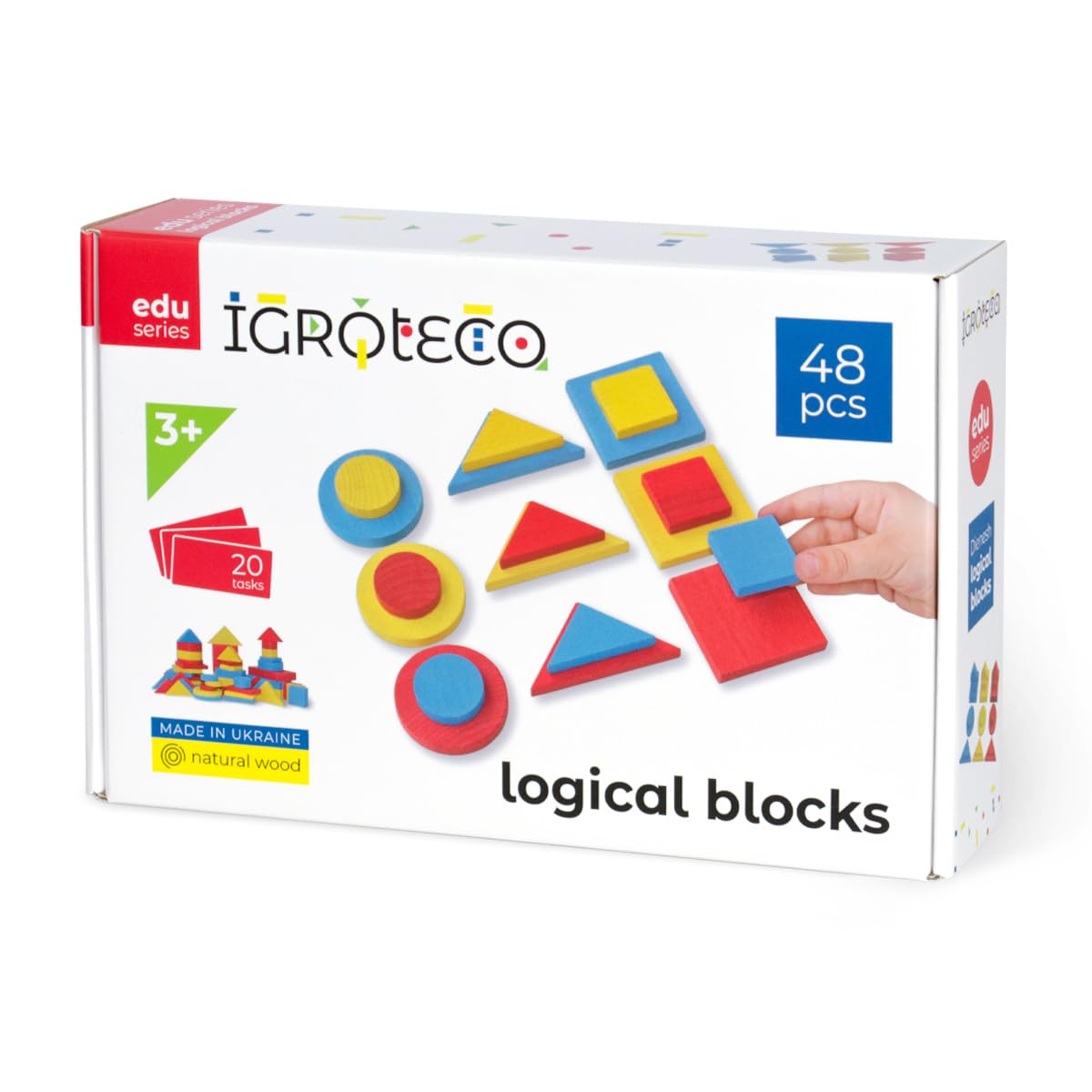 Igroteco Set di blocchi logici in legno per bambini dai 3 anni in su, con 48 pezzi, materiale didattico unico per lo sviluppo completo, la super intelligenza del bambino
