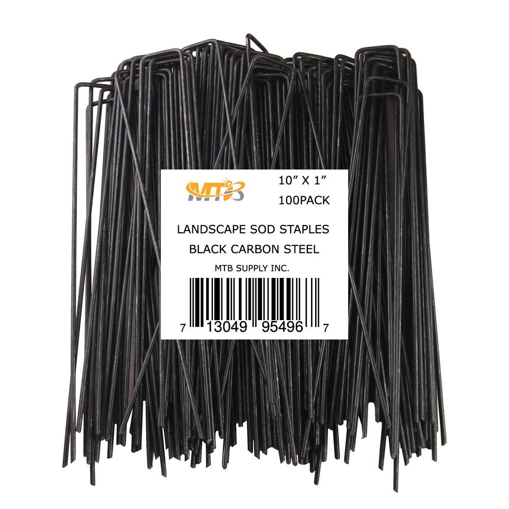 MTB 100 Pack 10"L x 1"W 11GA (0.12") Sod Staples, Black Carbon Steel, Garden Pins Netting Stakes Ground Spikes Landscape Cover Pegs (Also Sold as Pack of 50 and 250. Galvanized Anti-Rust is available)