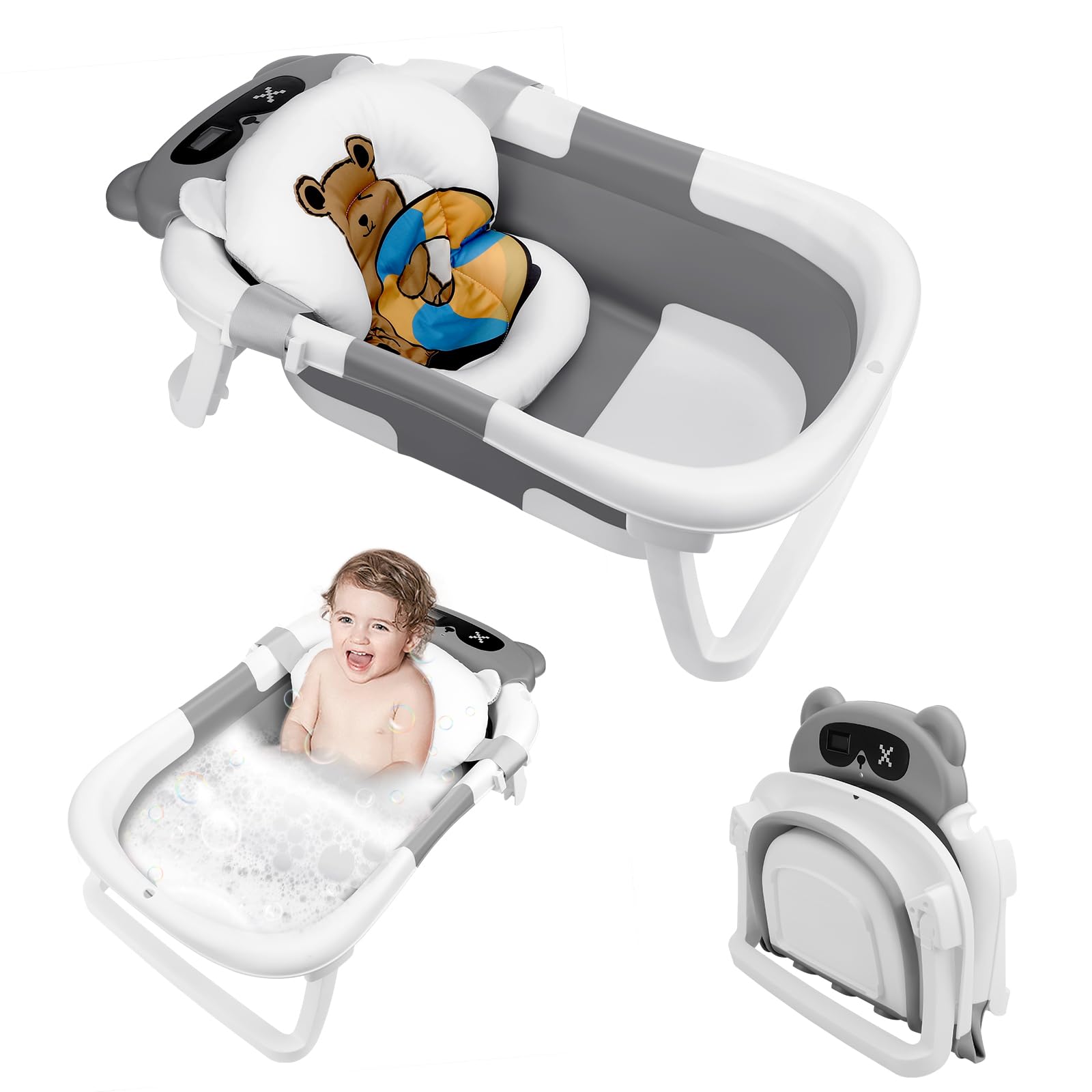 Kasanni Vaschetta da Bagno Pieghevole, Vaschetta Bagnetto Neonato con Indicatore di Temperatura, Vaschetta da Bagno Portatile con Tappetino Antiscivolo, Foro di Drenaggio, per Bambini da 0 a 36 Mesi