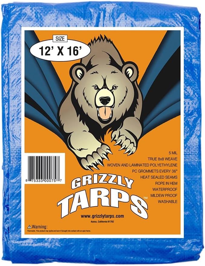 B-Air Grizzly Tarps - Large Multi-Purpose, Waterproof, Heavy Duty Poly Tarp Cover - 5 Mil Thick (Blue - 12 x 16 Feet)