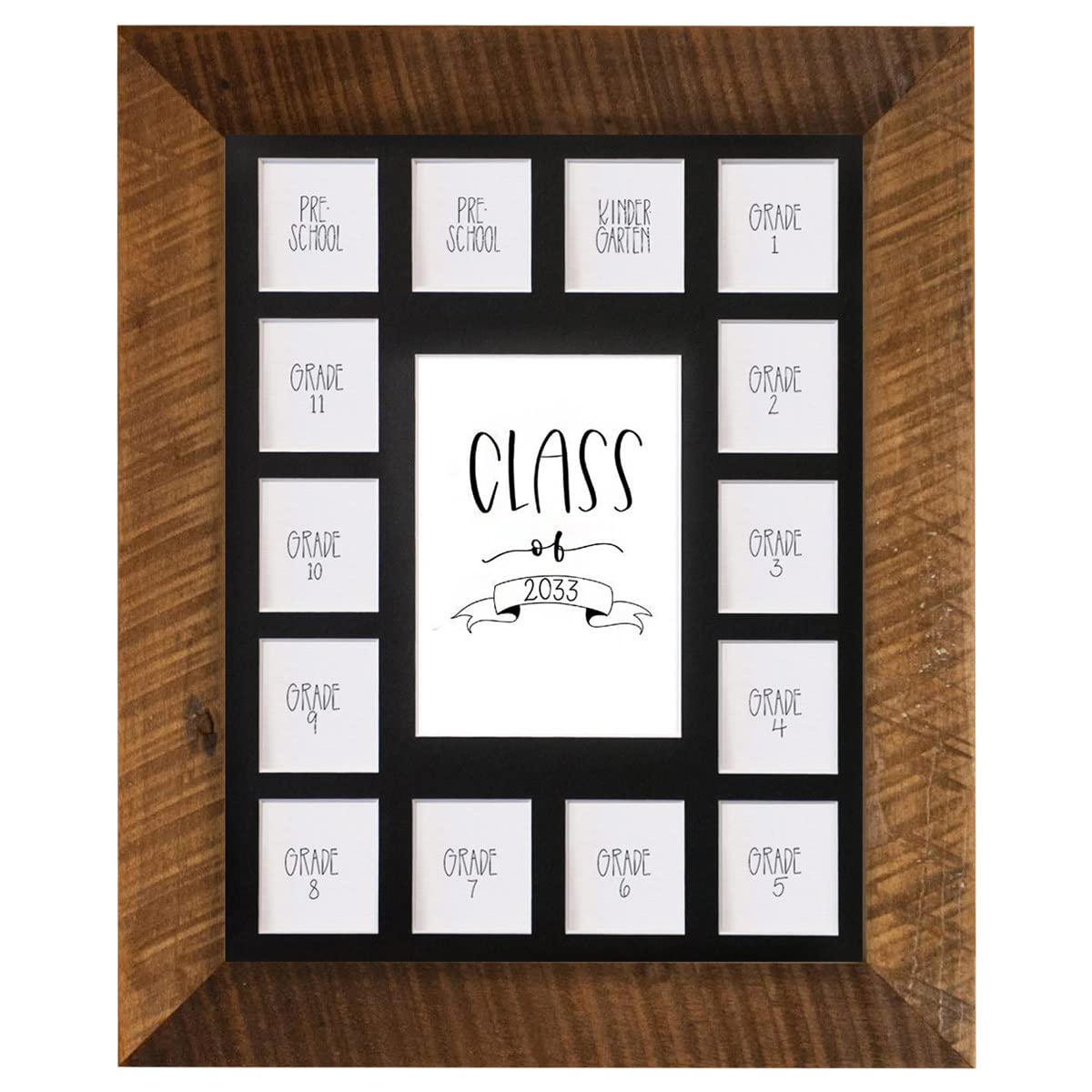 Rustic Red Door Co. School Years Reclaimed Wood Picture Frame - 11x14 Wooden Framed 15 Photo Collage Mat Pre-School &amp; Kindergarten to 12th Grade High School Graduation (Class of 2033, Black)