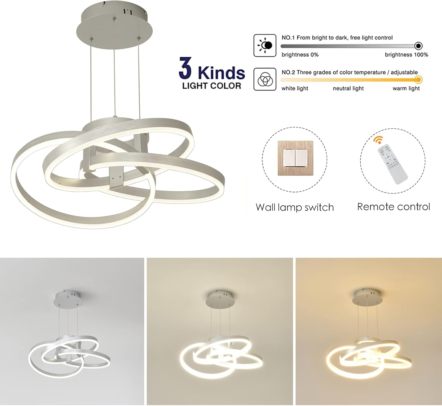 Modern LED Pendant Ceiling Light,LED Chandelier Lighting Fixture Dimmable LED Pendant Light for Dining Room,3 Ring Modern LED Chandelier Dimmable Entryway Kitchen Island Hanging Lamp (Silver)