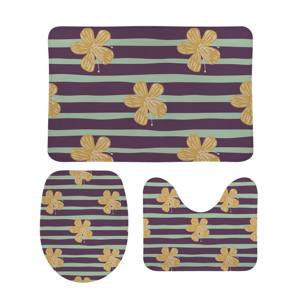 Tapis de salle de bain en lot de 3 jaune fleuri avec contour U