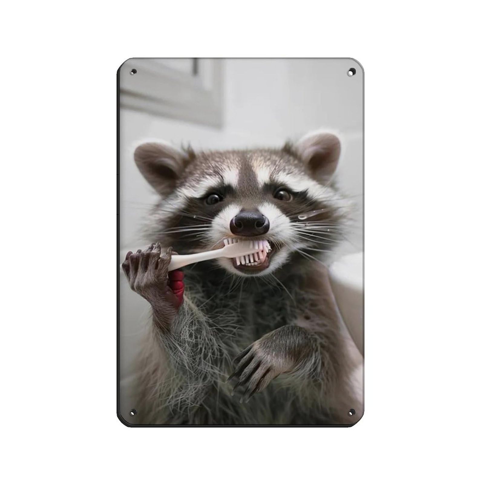 Raccoon Brushing Teeth, Hilarious Bathroom Art Tin Sign Vintage Metal Pub Club Cafe Bar Home Wall Art Decoration Poster Retro 8x12inch(20x30cm)