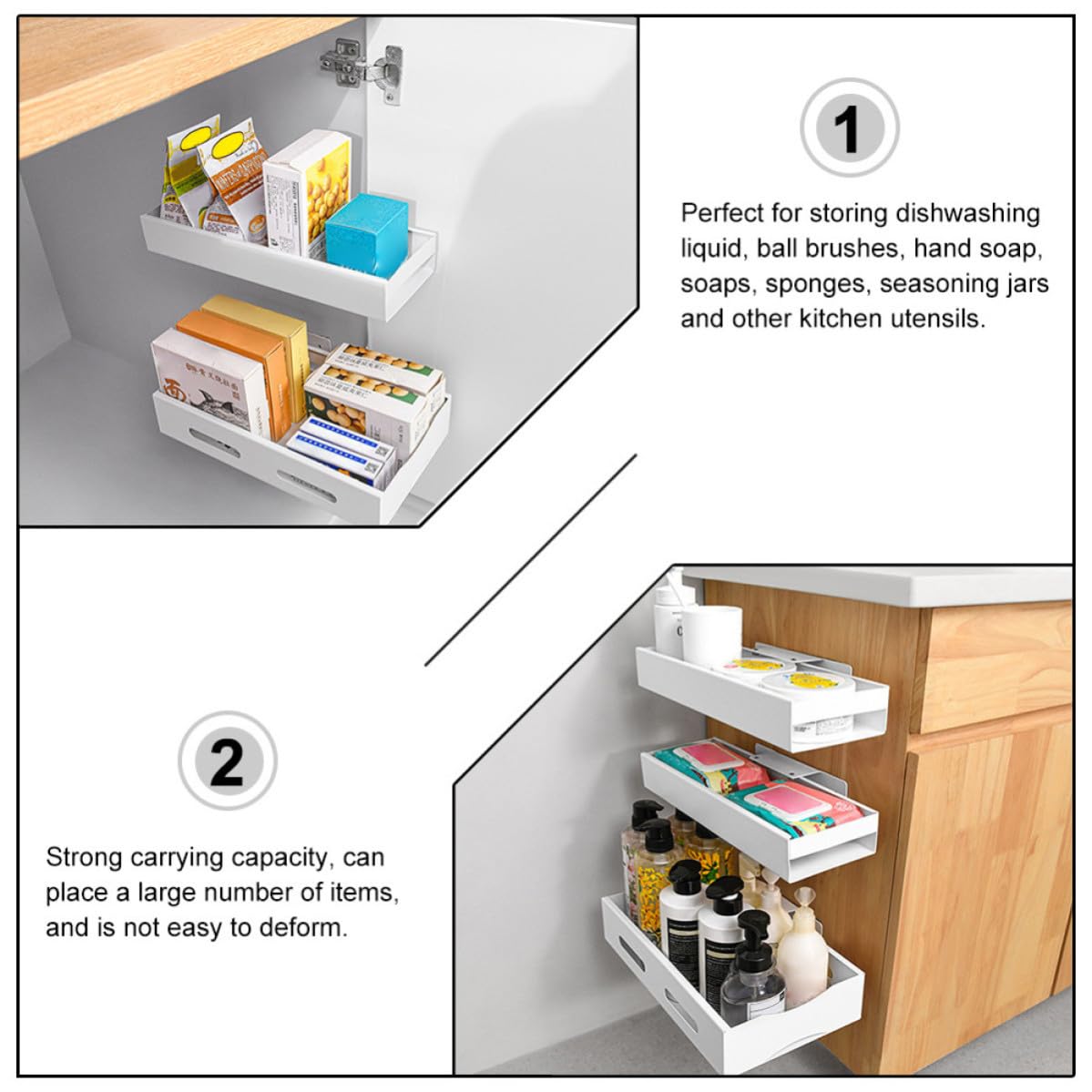 FOMIYES Telescopic Kitchen Rack, Under Sink Shelf, Acciaio Inossidabile, Bianco, Space-Saving Storage, per Kitchen Countertop