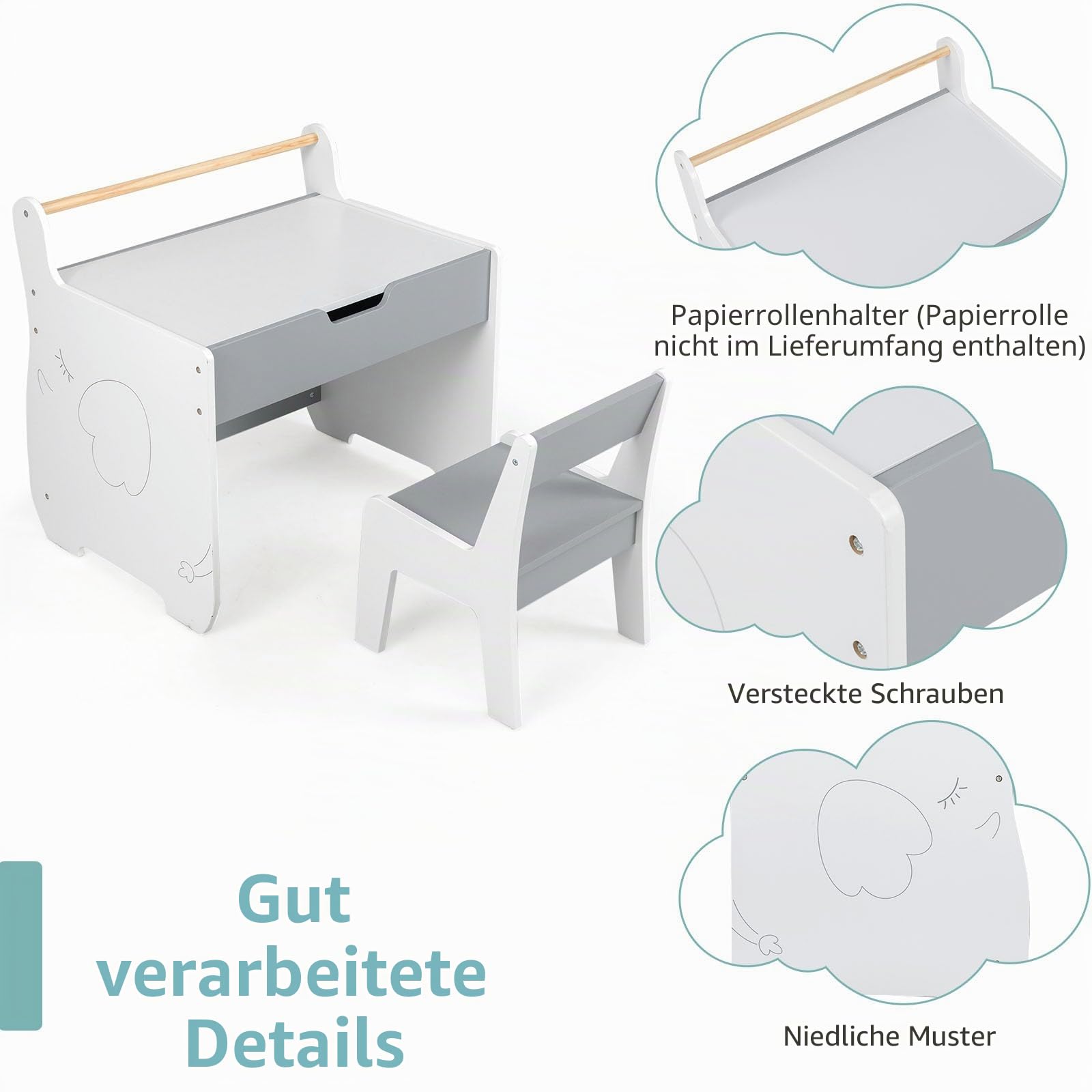LIFEZEAL Kindertisch mit Stuhl, Abnehmbarer Kinderschreibtisch mit Stauraum, Kindersitzgruppe mit doppelseitiger Tafel, Kinder Tisch Stuhl Set zum Spielen, Lesen, Malen, Essen (Grau + Weiß)