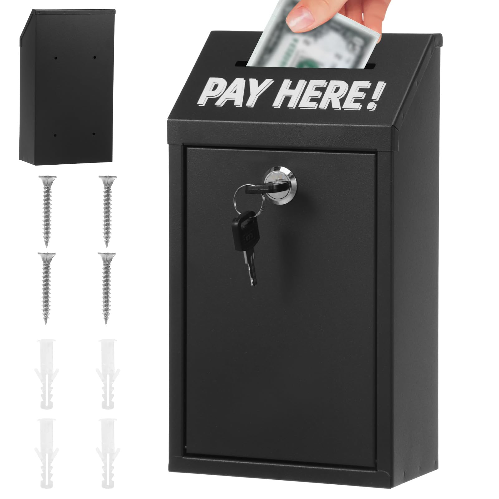 Metal Cash Box with Lock and Key, Wall Mounted Suggestion Box with "Pay Here" Logo, Waterproof Outdoor Donation Charity Collection Box, Secure Money Drop Box for Home, Farm, Shop, Office