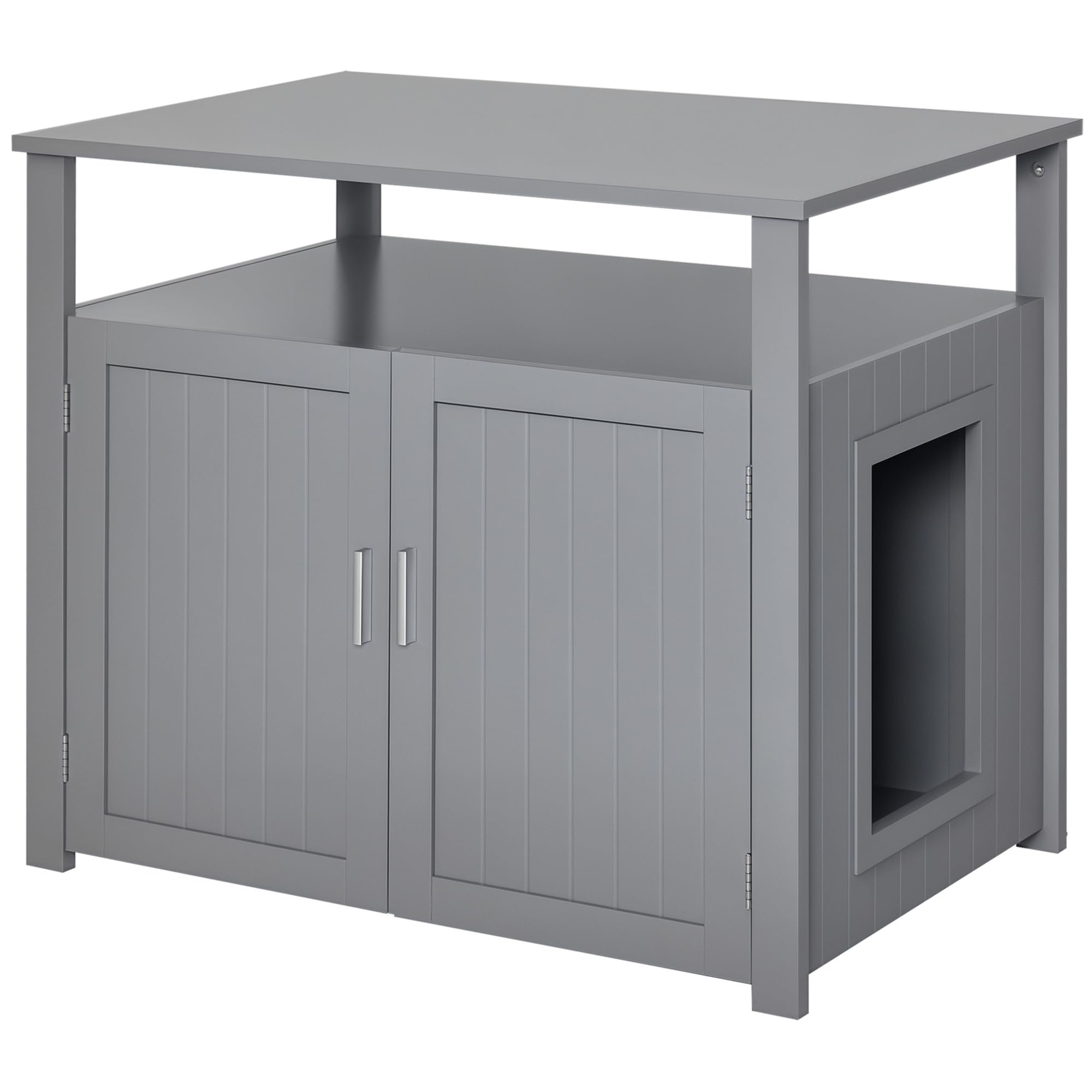 PawHut Caja de arena para gatos de madera, muebles con pared interior ajustable y mesa grande para mesita de noche, color gris