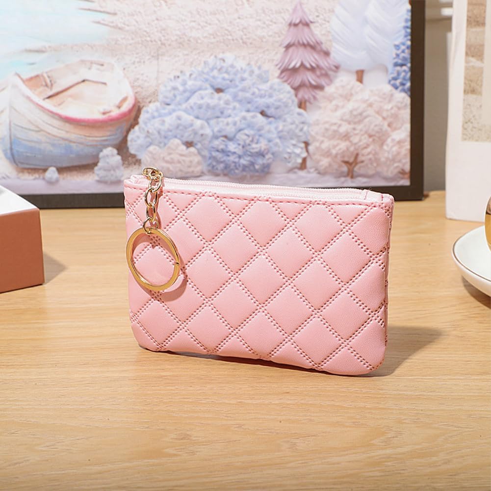 Coin Purse for Women Pink Rhombus PU Leather Mini Zipper Coin Pouch with Keyring Cute Change Purse Small Wallet for Men Women Portable Bag Pocket Handbag Everyday Use - Image 6