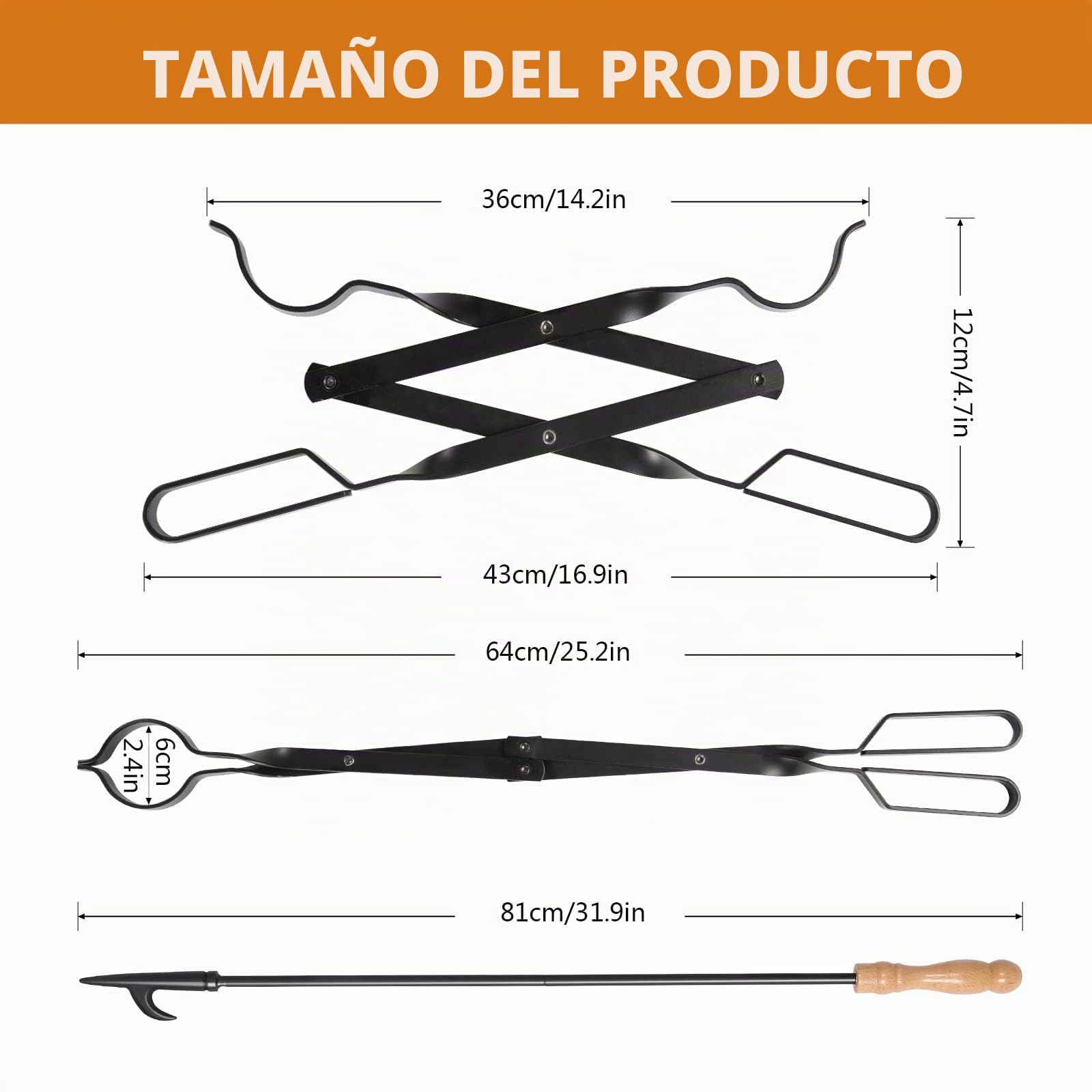 Juego de Chimenea Uten, Juego de 2 Accesorios para Chimenea, Pinzas para Fuego de 64 cm, Gancho para Fuego de 81 cm, para Uso Interior y Exterior, Calefacción y Barbacoa, Hierro