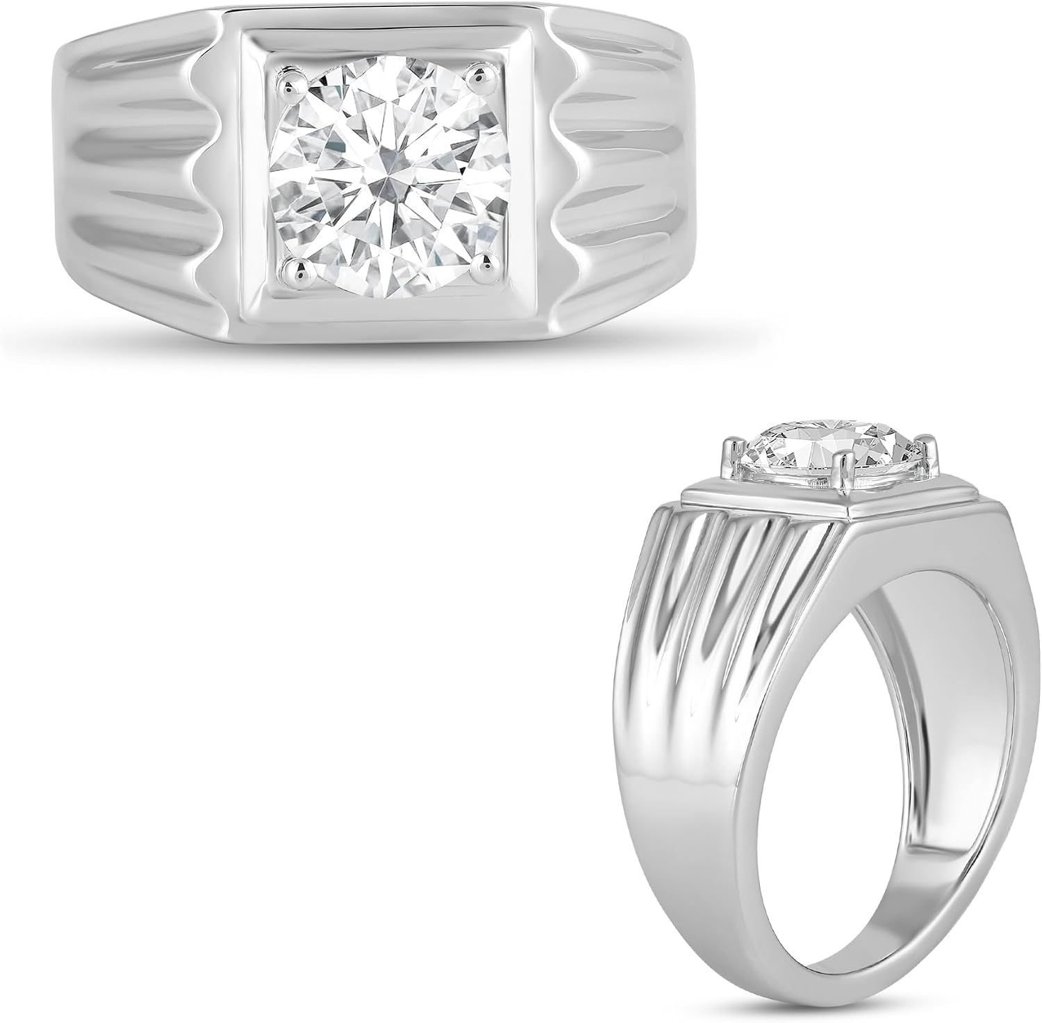 Jewelili Fine Silver Plate Wedding Band Round Cut White Cubic Zirconia Ring for Men | Rings for Marriage Bands | Father's Day Gift for Dad