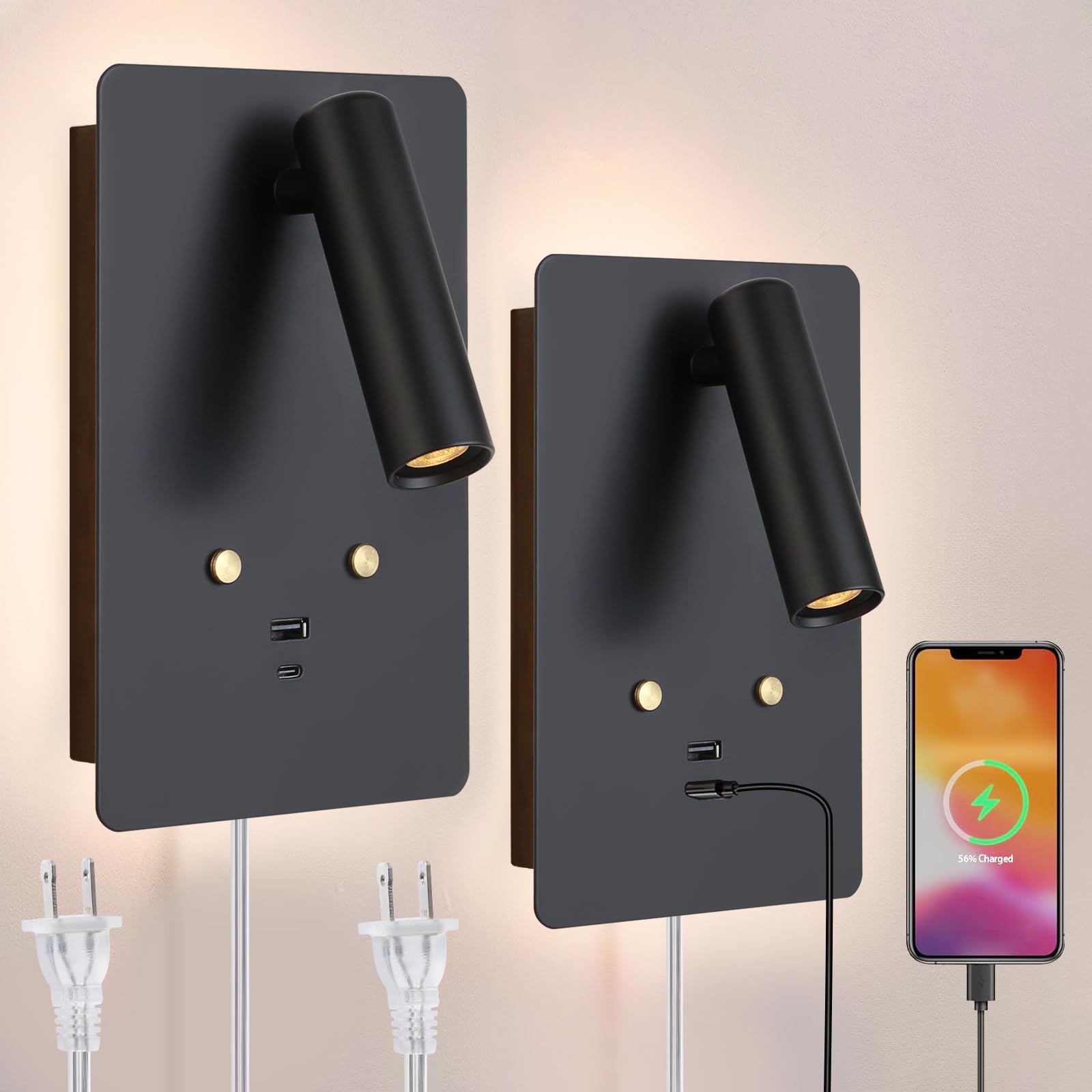 Photo 1 of ZEROUNO Dimmable Wall Mounted Reading Light Set of 2,Adjustable Headboard Plug in Wall Sconce with USB A+C Ports,Touch Control Wall Light for Bedroom Bedside Lamps 