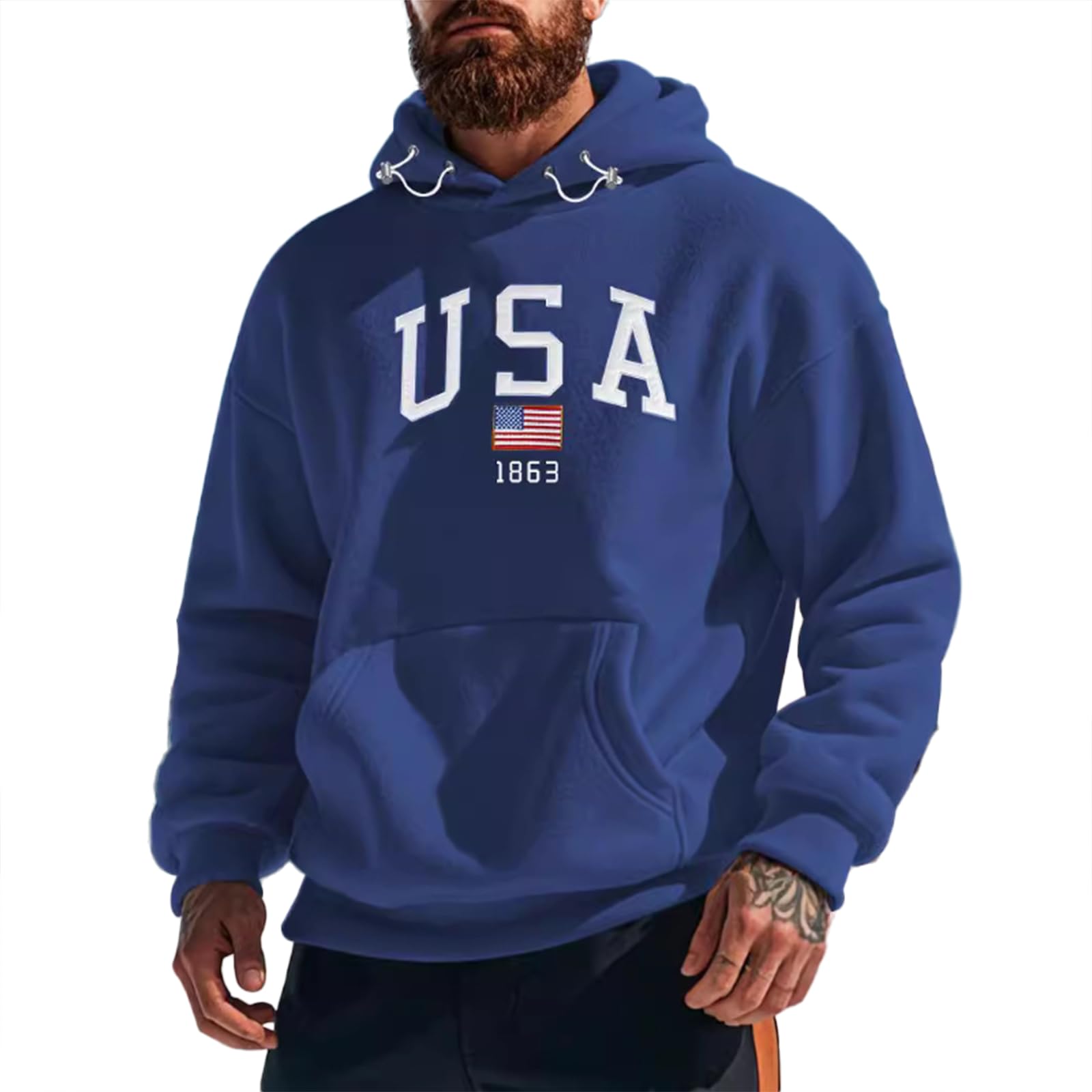 Mens Warm Thick Heavyweight Winter Sweatshirt Loose Fit American Flag Print Pullover Long Sleeve Hoodie