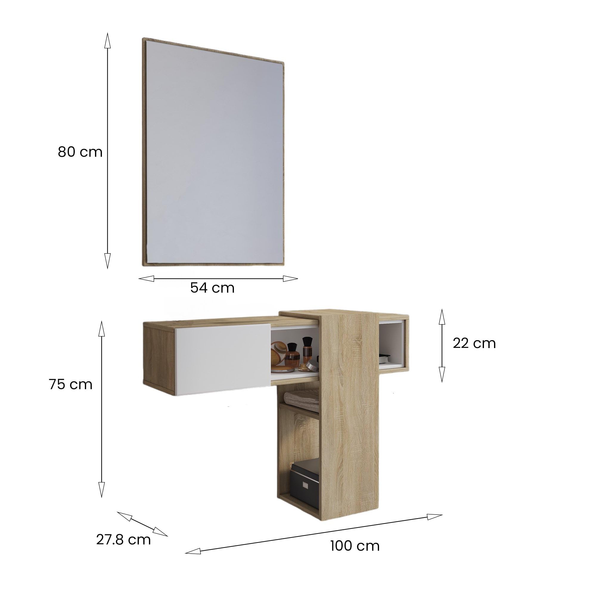 Dmora - Mobile da ingresso Baffin, Entratina appendiabiti, Composizione per atrio, Consolle portaoggetti multifunzione, 100x31h75 cm, Rovere e Bianco