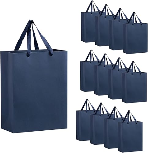 driew Bolsas de regalo azul marino, paquete de 12 bolsas de regalo extra grandes azul marino, asas de cinta, papel resistente de 10 x 5 x 13.5