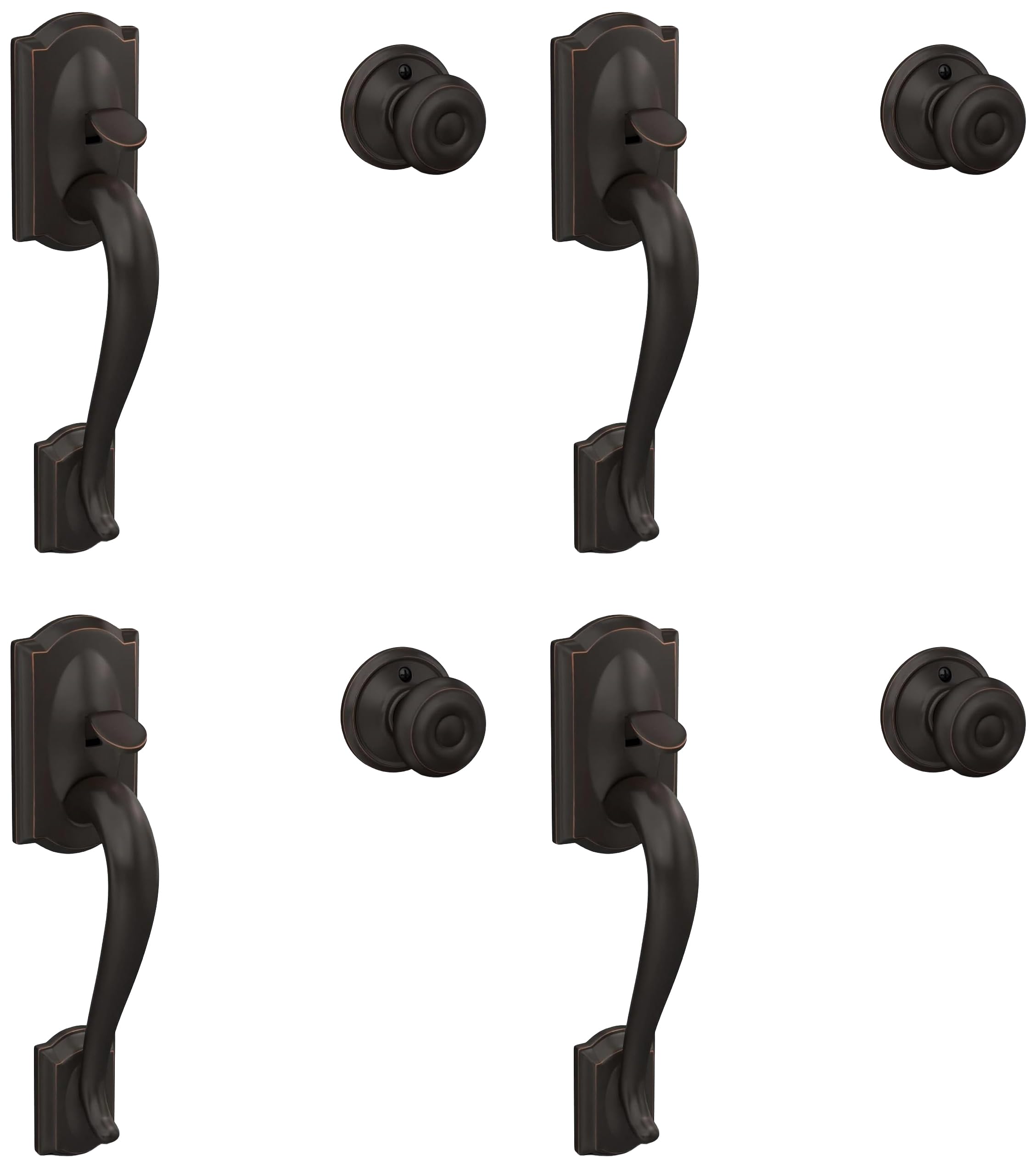 SCHLAGE FE285 CAM 716 GEO Camelot Front Entry Handleset with Georgian Knob, Lower Half Grip, Aged Bronze, Standard Interior Trim (Pack of 4)