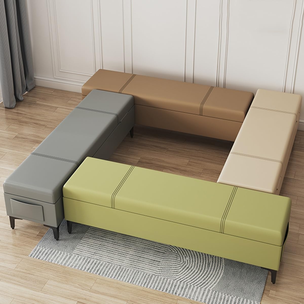 Moderno puf de cuero con patas de metal de 23.6 pulgadas, reposapiés otomano para sala de estar, entrada y dormitorio, taburete versátil para mesita de noche y banco Sk