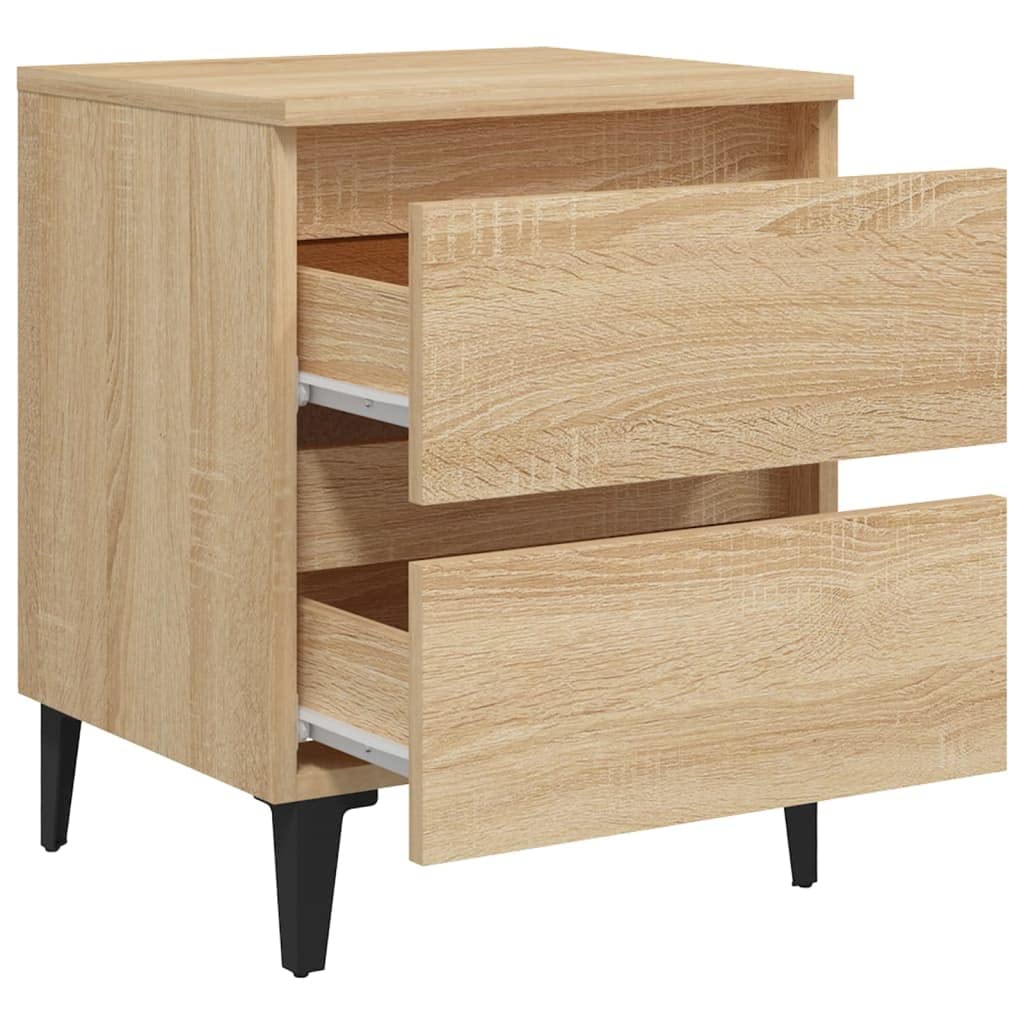 Mesita de noche de roble Sonoma, 40 x 35 x 50 cm, material de madera con dos cajones y cuatro patas de metal para almacenamiento y estabilidad, encanto industrial, fácil de limpiar con humedad