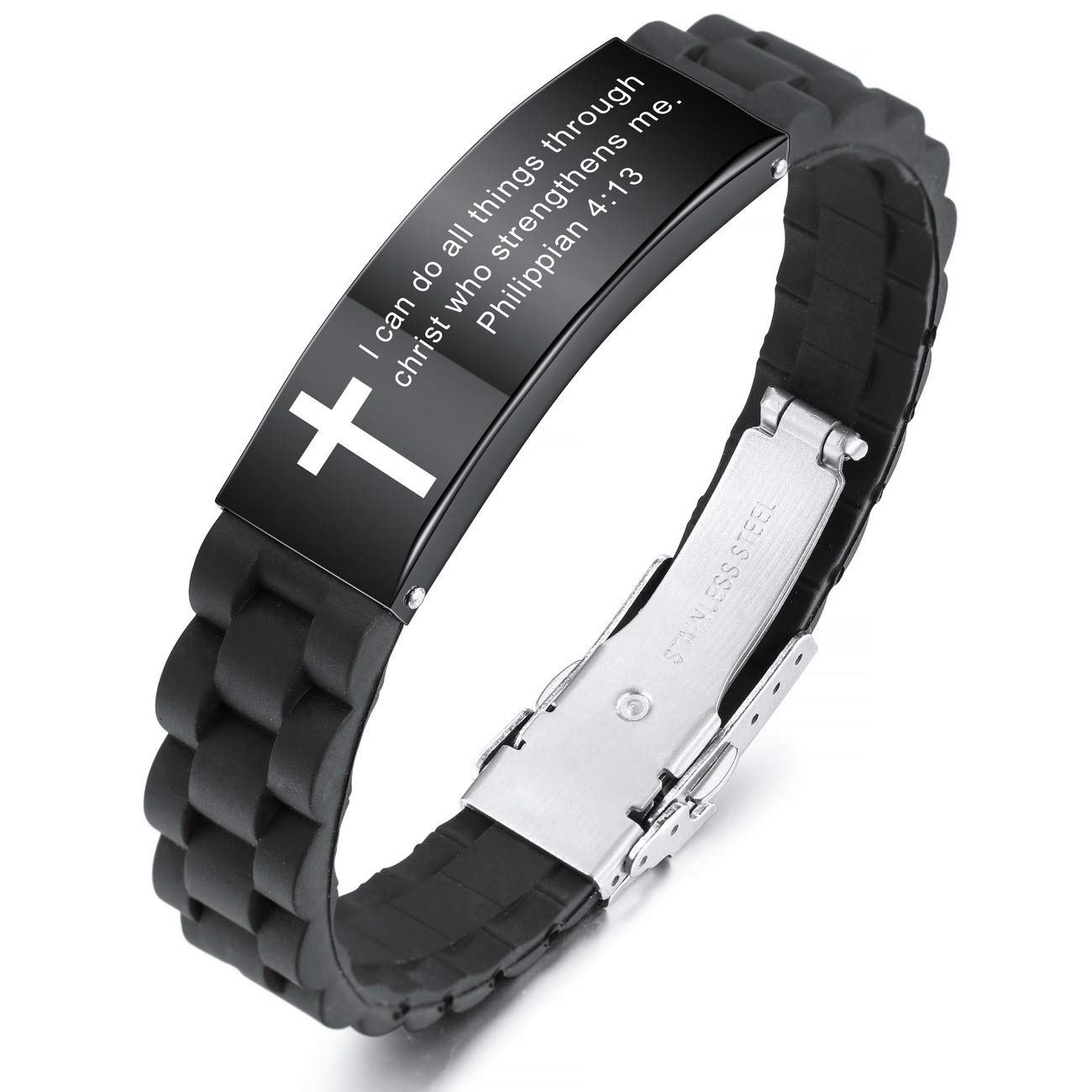 Inspirational Quote Cross Bracelets Faith Christian Bible Accessories Verse Silicone ID Wristband Religious Gifts for Men Women Stainless Steel Rubber Adjustable (2 Colors)