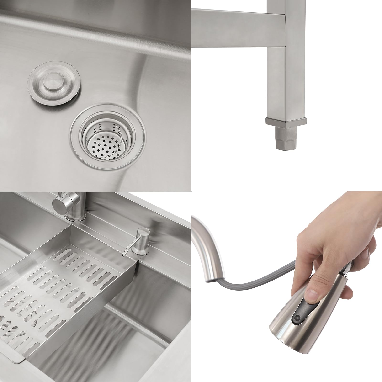 Lavello in acciaio INOX, lavandino da cucina a libera installazione, lavandino per bucato, 90x60x90 cm, lavandino singolo extra grande, lavandini commerciali con rubinetto estraibile e cestello