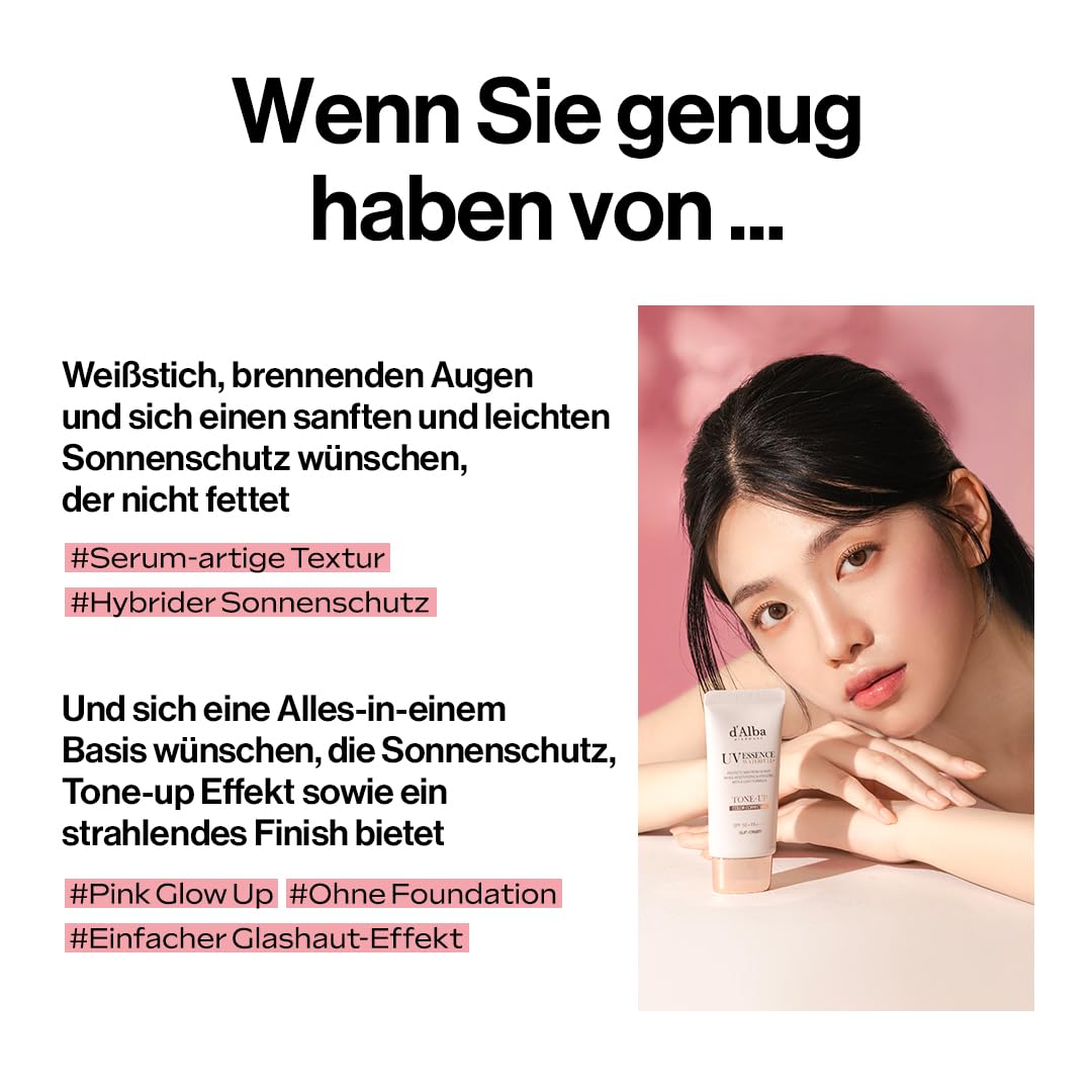 d'Alba | Italienischer weißer Trüffel Waterfull Tone-up Sunscreen 50ml, SPF/LSF 50+PA++++, Reiner und Veganer Hybrider Rosafarbener Feuchtigkeitscreme, Leuchtender und Aufhellender Sonnenschutz