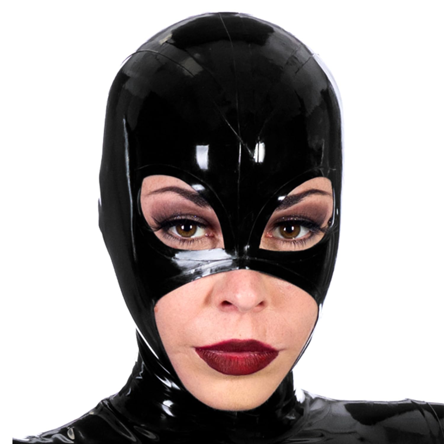 SecondSkin Black Latex Hood Open Eyes Expose Mouth Nose Back Zipper Tight Rubber Mask Club Party Wear (Small)