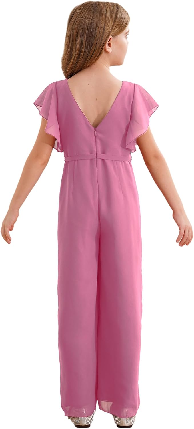 Jumpsuit for Girls Wrap V Neck Ruffles One Piece Rompers Summer Casual Overalls Wide Leg Pants