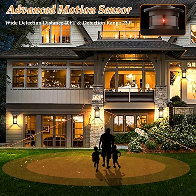 2 Packs Motion Sensor Outdoor Wall Lantern, Dusk to Dawn Outdoor Lighting, Black Porch Lights Fixture & Outside Wall Mount with Rippled Glass, Exterior Sconce Light for Front Patio Garage Entryway